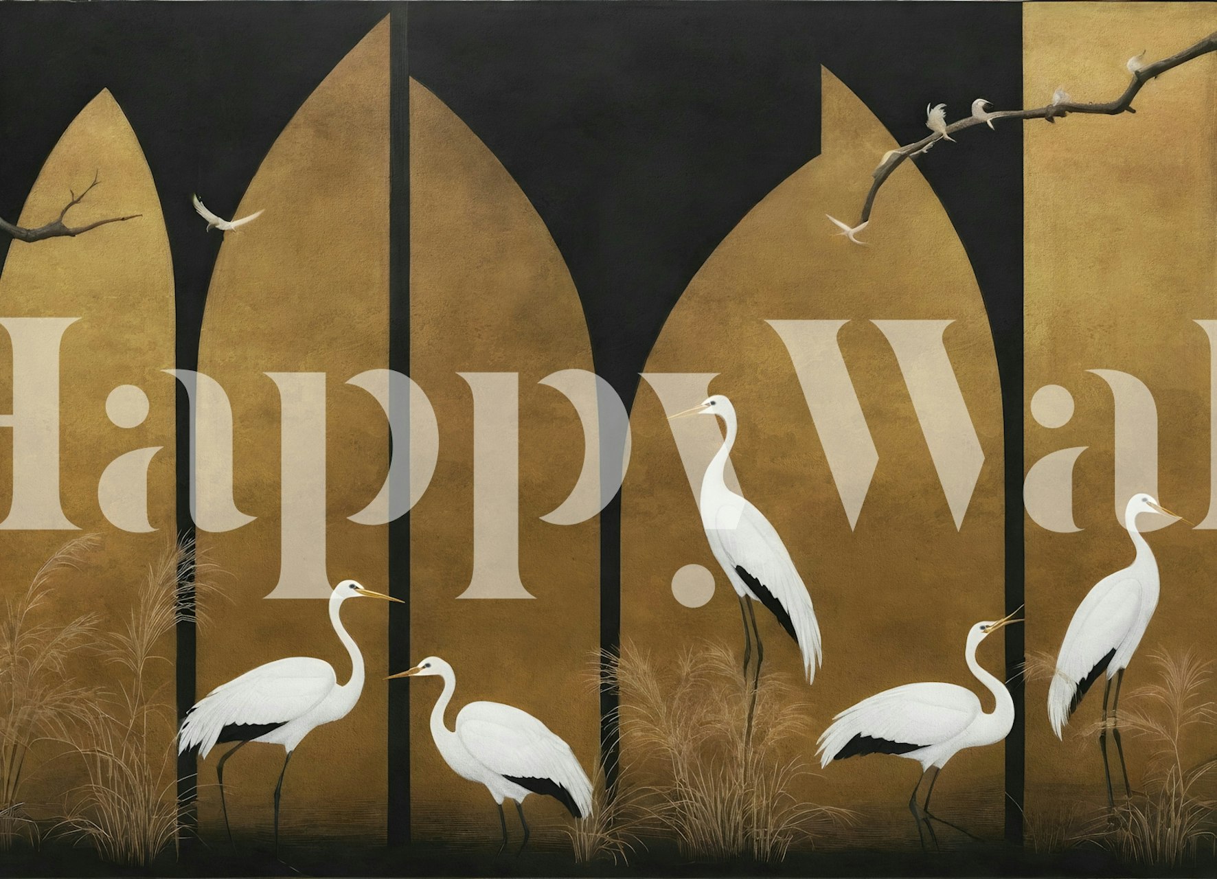 Golden Archway Crane Mural wallpaper in a room