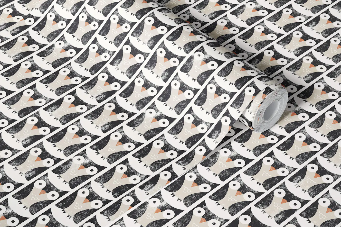 Mid Century Owls - Black & Beige wallpaper roll
