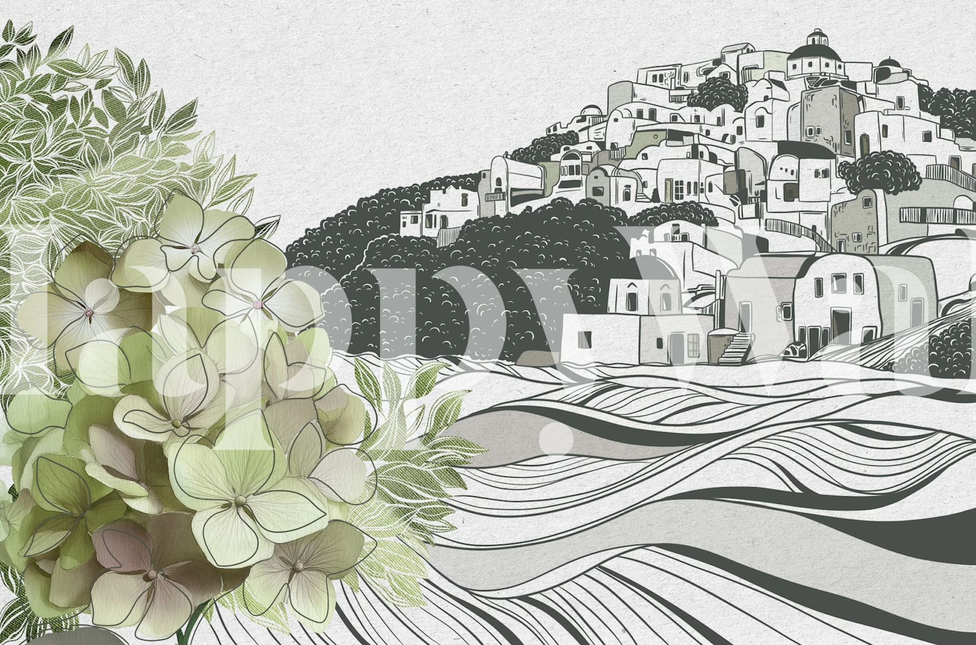 Hydrangea and Island Village tapet într-o cameră