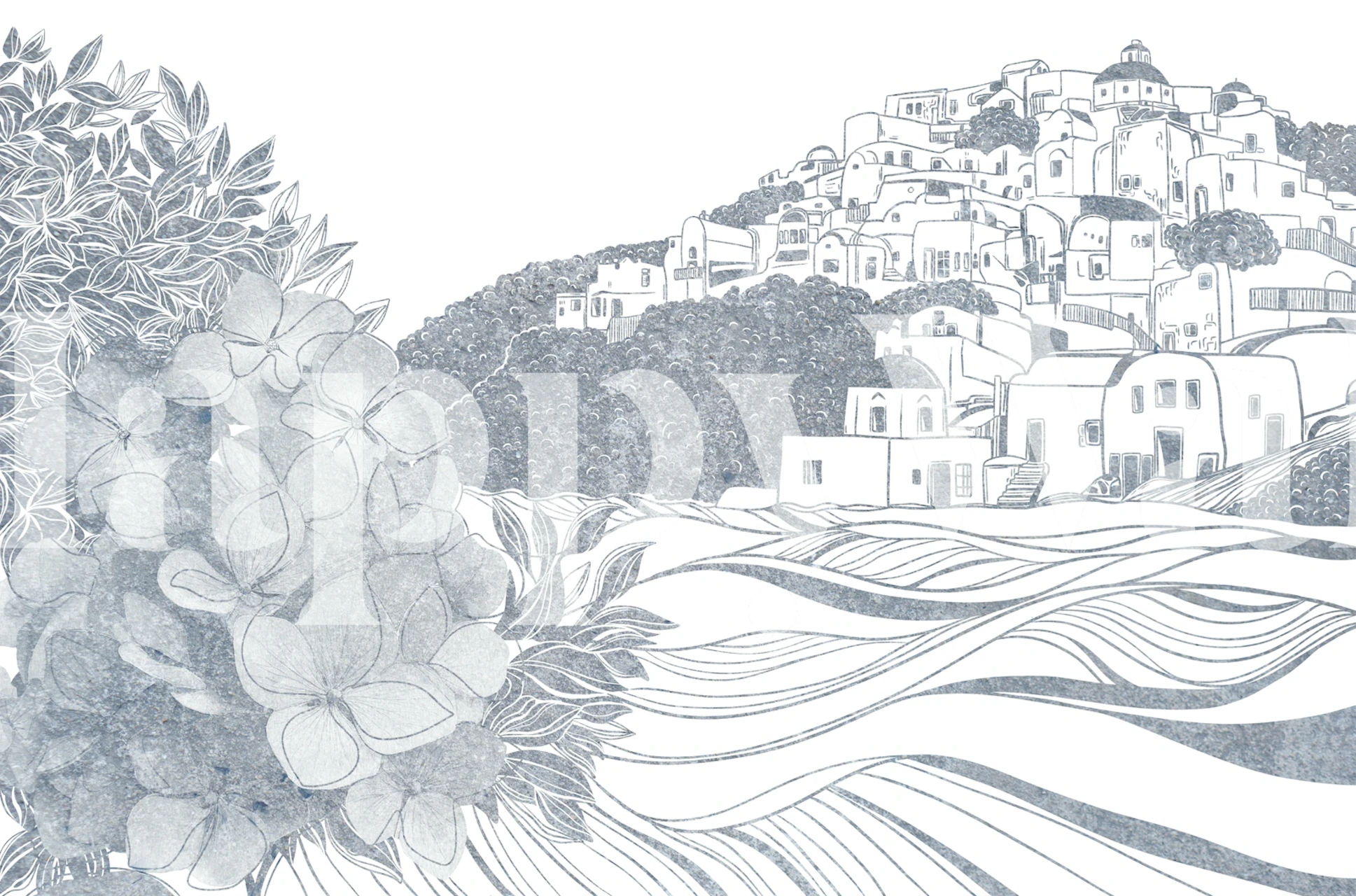 Blue Mediterranean coastal town wallpaper in a room