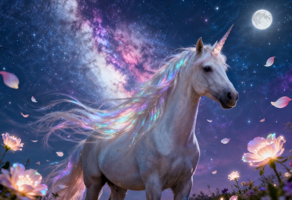 Moonlit Unicorn in Galaxy Sky