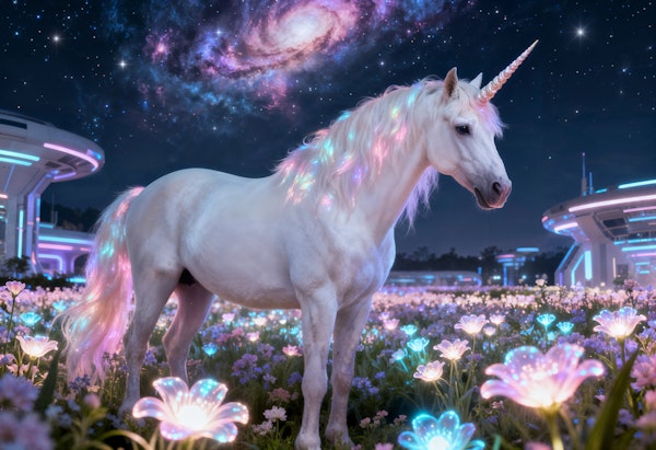 Neon Unicorn in Starry Meadow