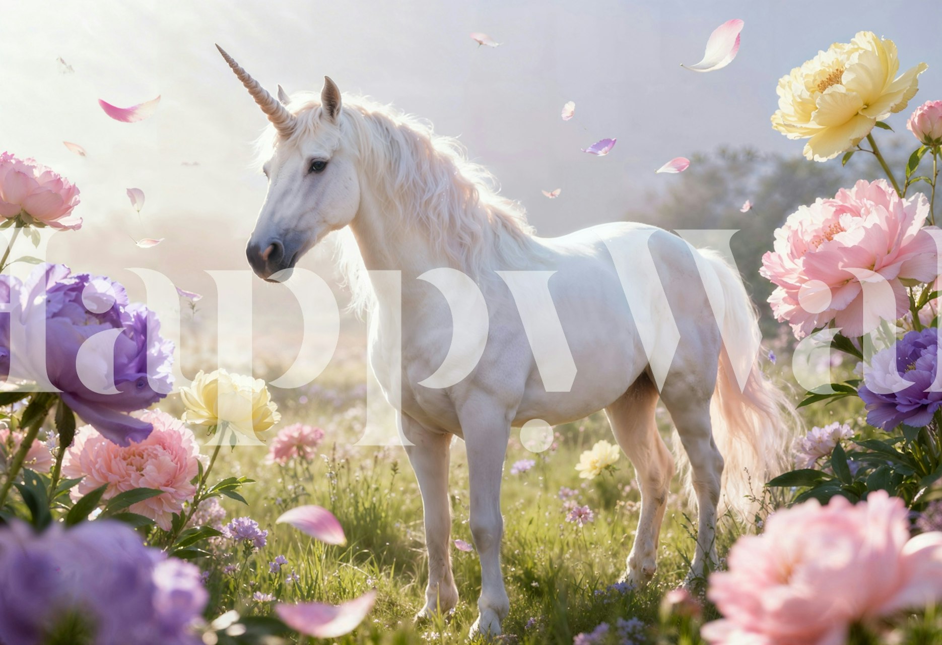 Magisches Einhorn in einem blühenden Garten