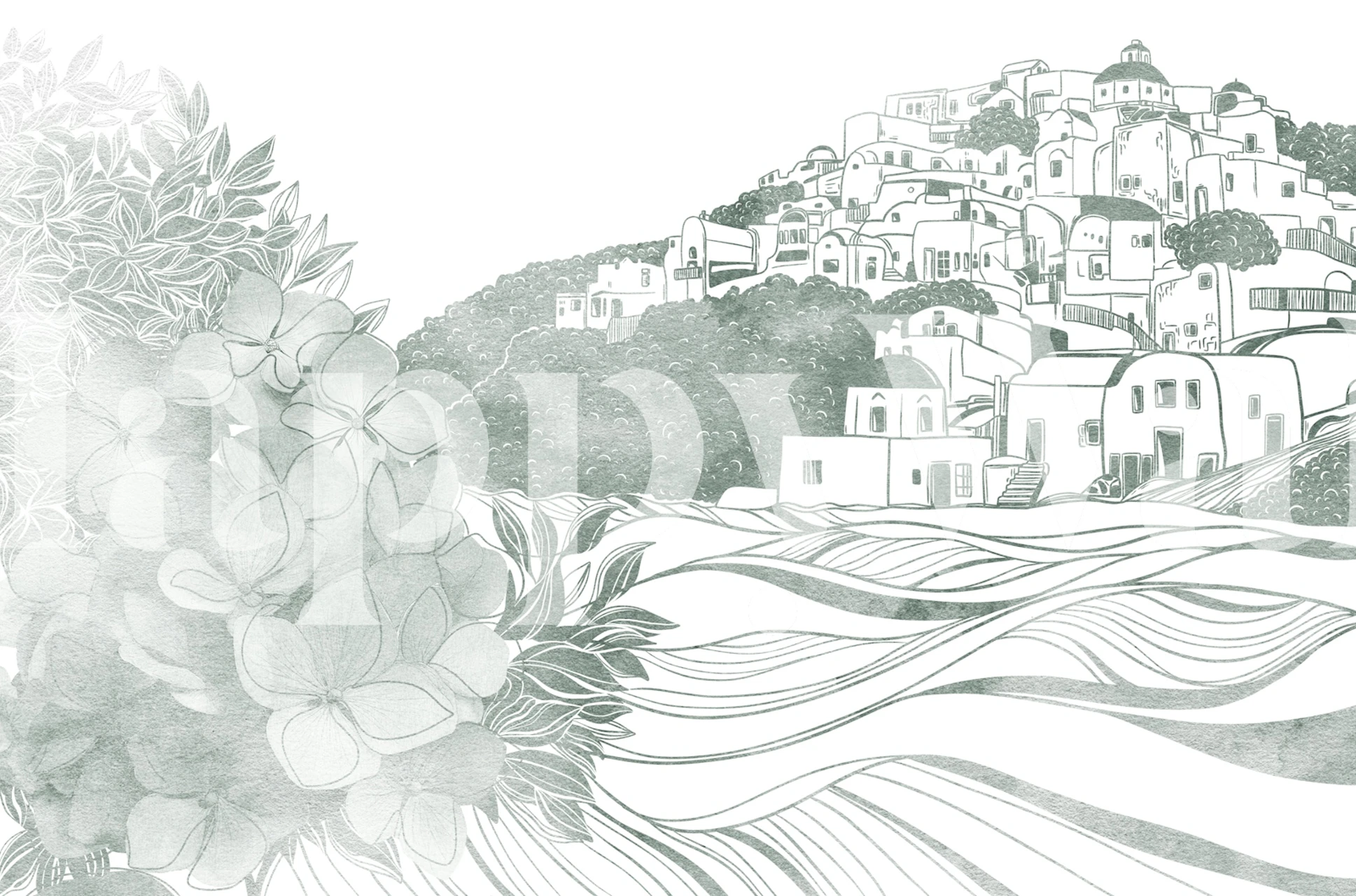 Papel de parede monocromático com paisagem urbana litorânea em um cômodo