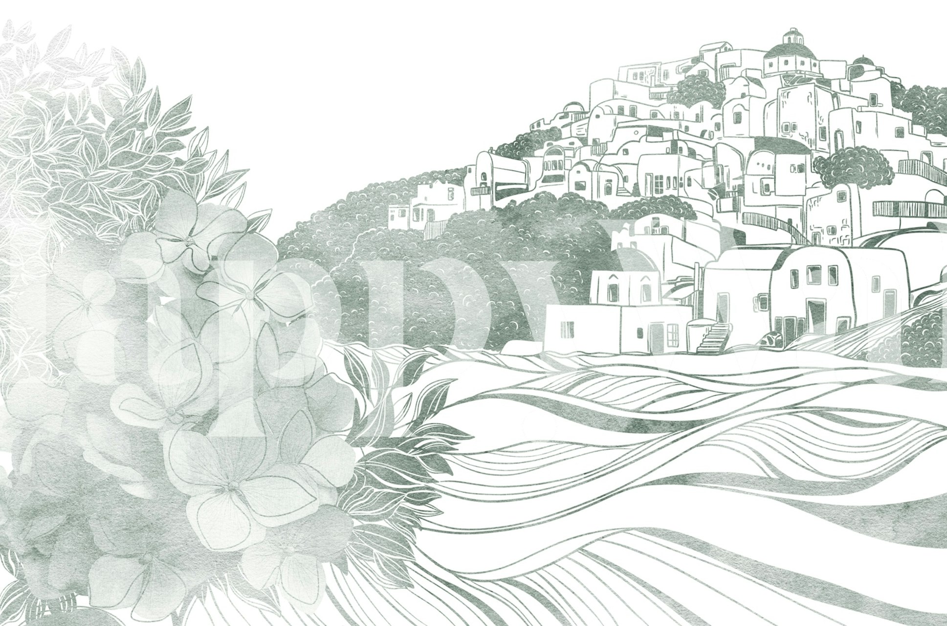 Monochrome seaside townscape wallpaper in a room