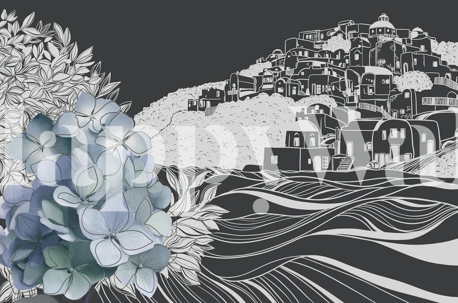 Hydrangea and Coastal Village tapetti huoneessa