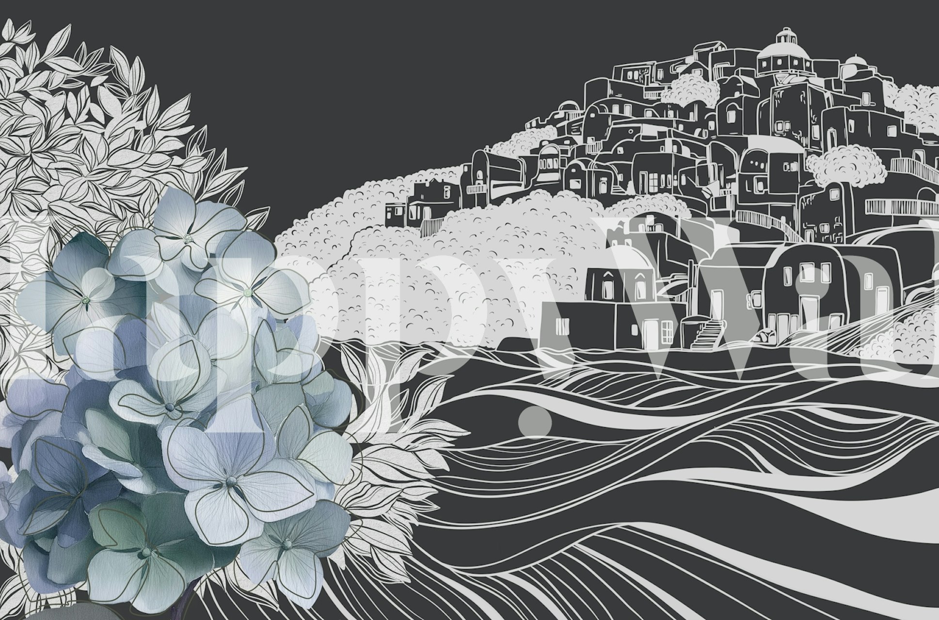 Hydrangea and Coastal Village tapet într-o cameră