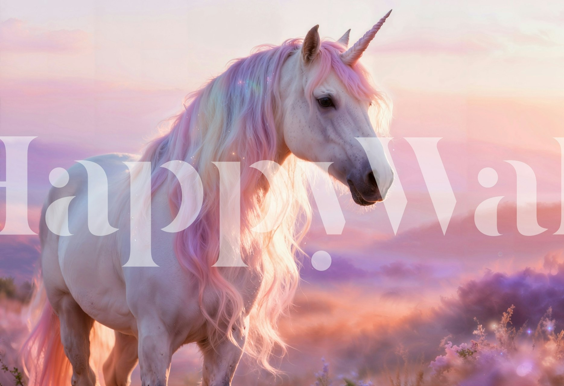 Bílý jednorožec s duhovou hřívou tapeta v místnosti