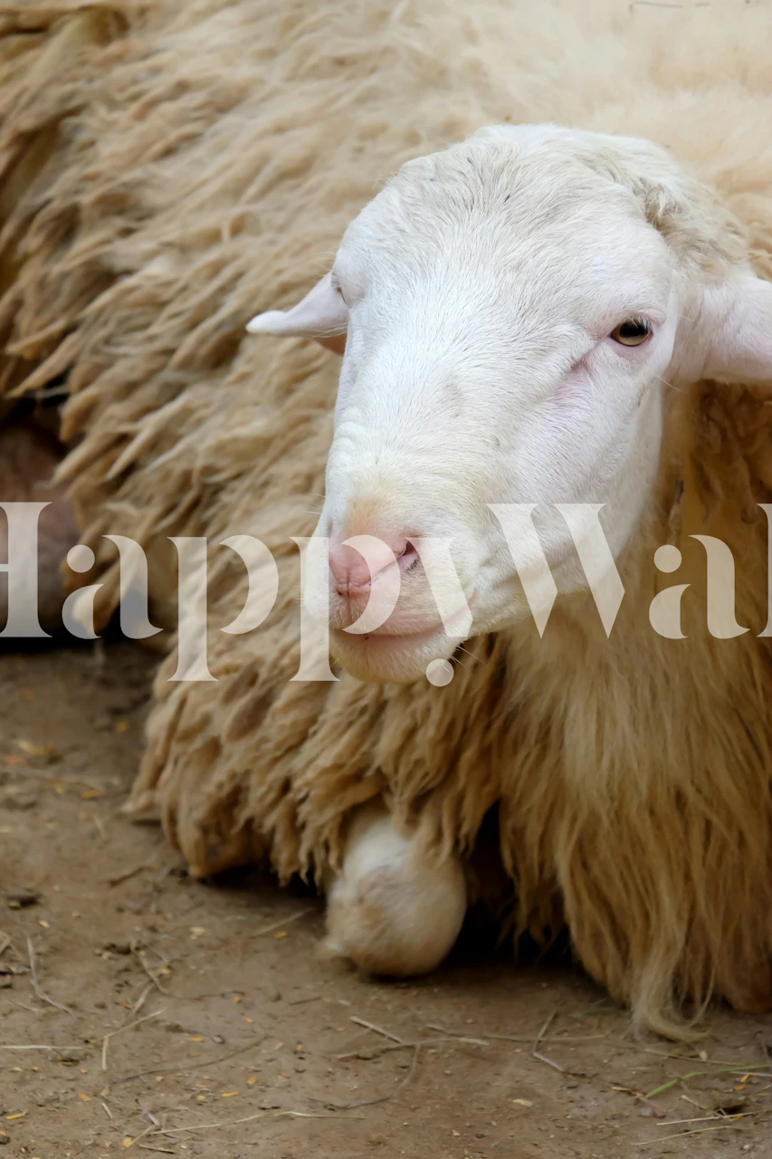 Gentle farm sheep portrait wallpaper in a room