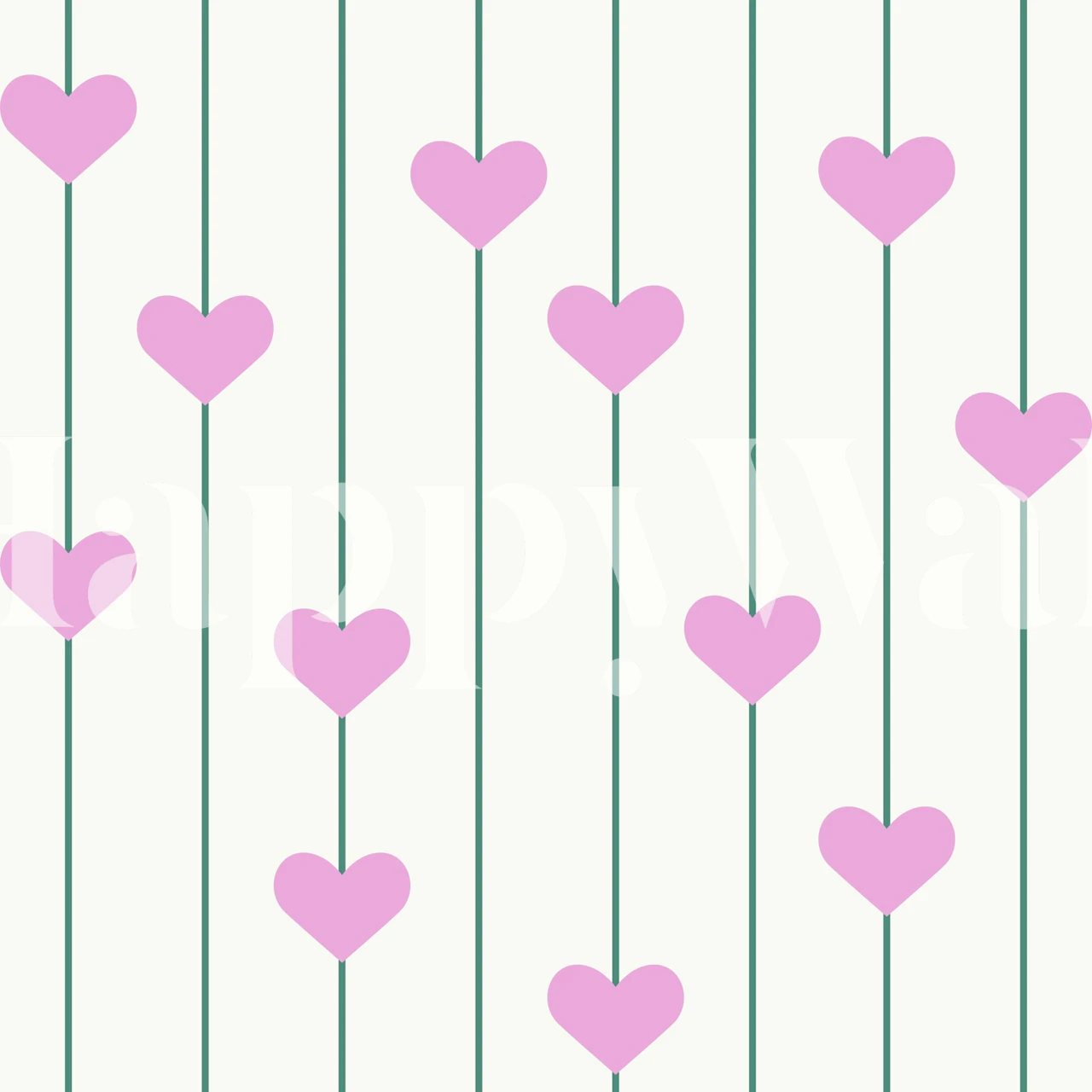 Roze en groen gestreept behang met hartjes in een kamer