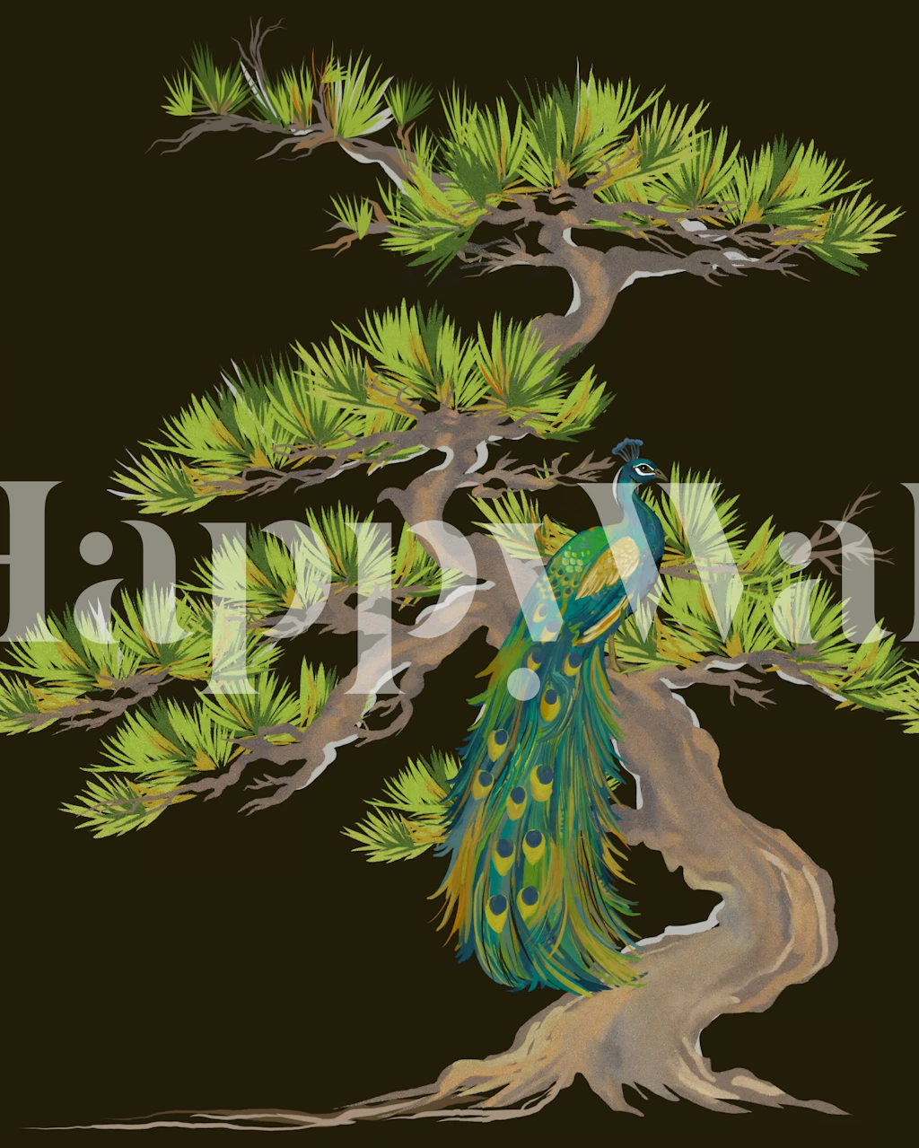 Elegant peacock in botanical design wallpaper