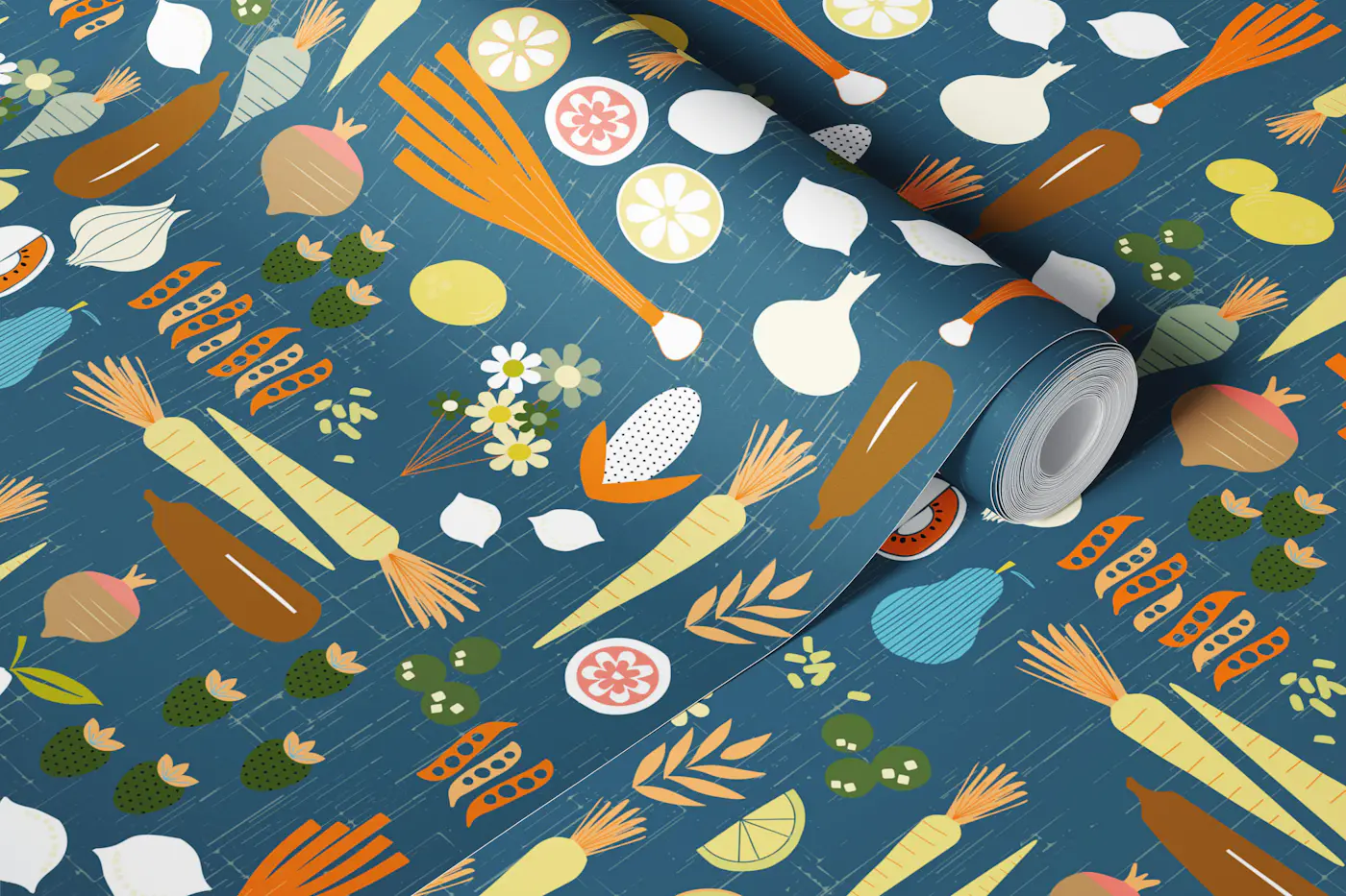 Mid Century Veggie Market Teal wallpaper roll