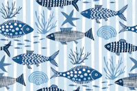 Ocean blue fish on maritime stripes tapet