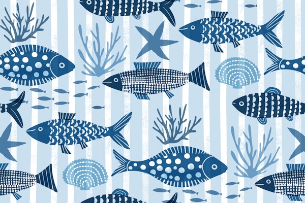 Ocean blue fish on maritime stripes