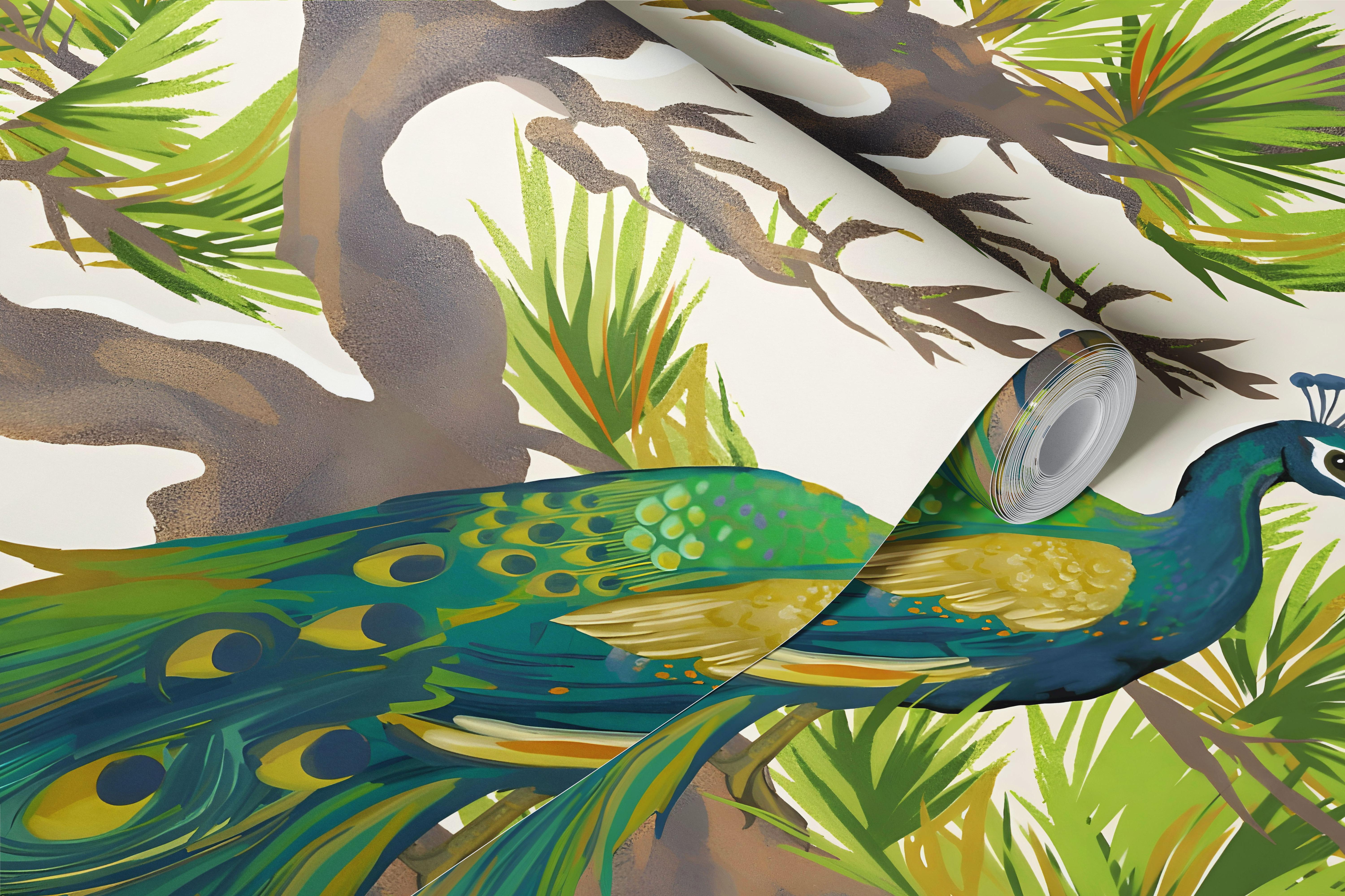 Japanese Style Peacock and Pine wallpaper in room