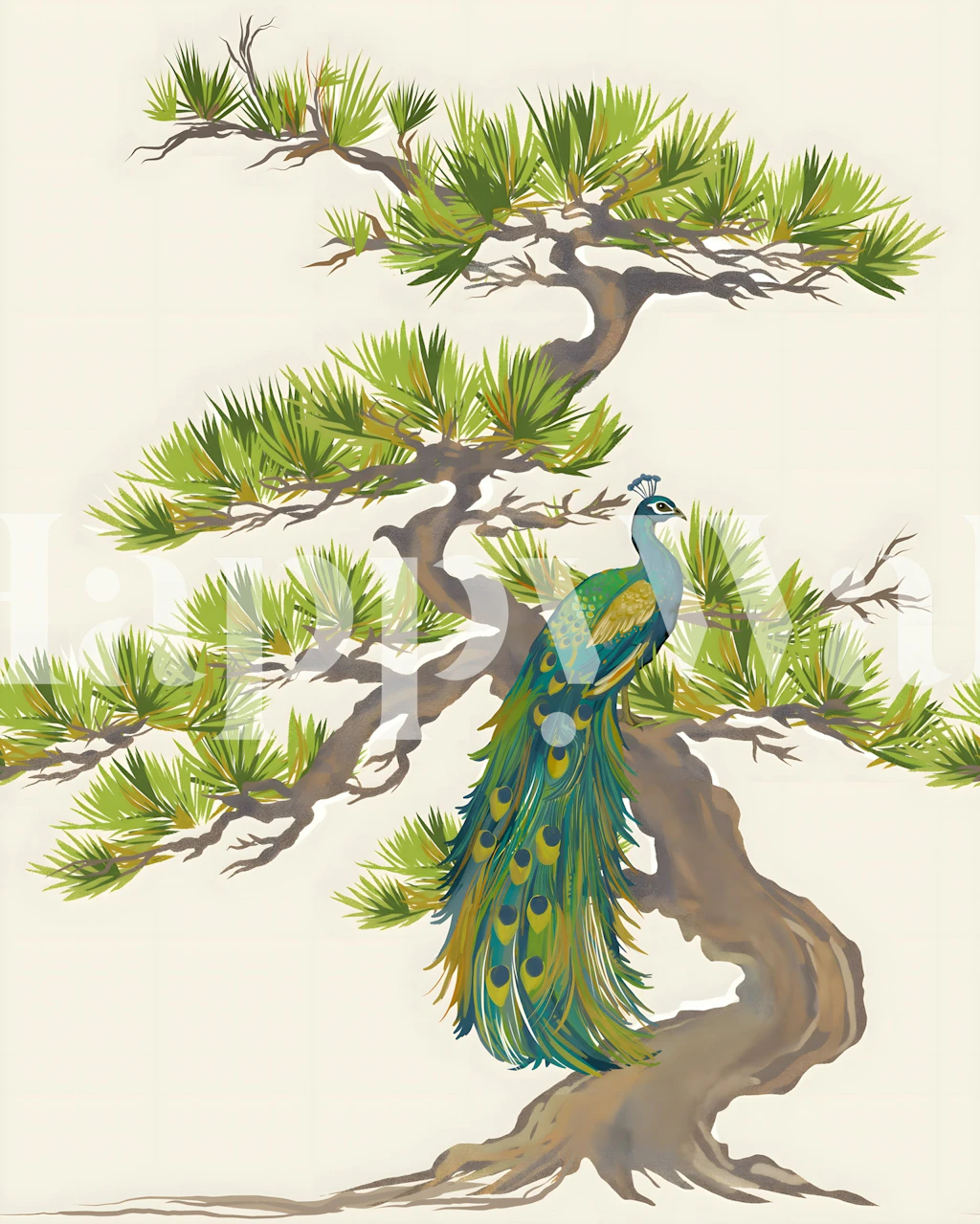 Japanese Style Peacock and Pine wallpaper in room