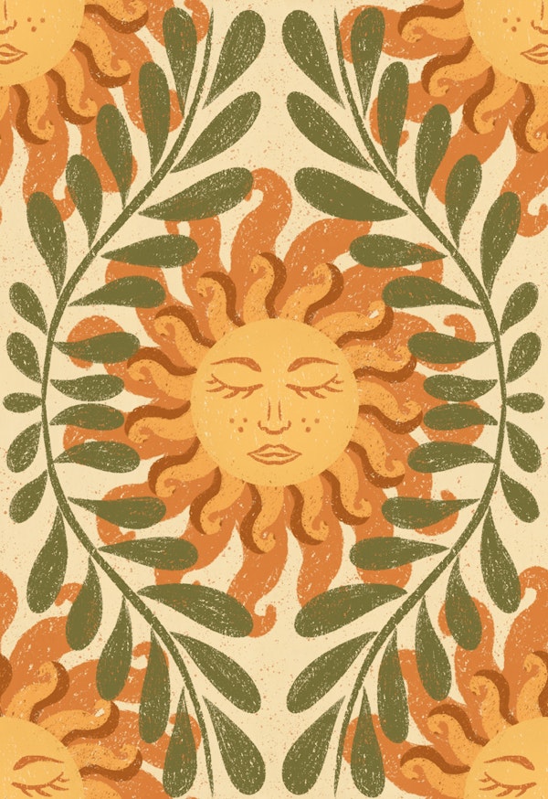 Mediterranean Sun and Leaf Vines Ochre Green