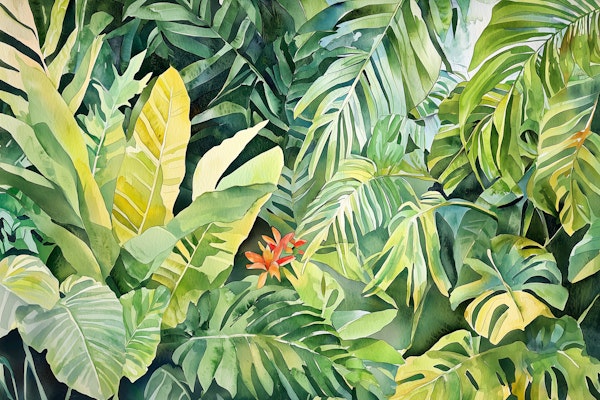 Emerald Jungle Leaves With Orange Bloom