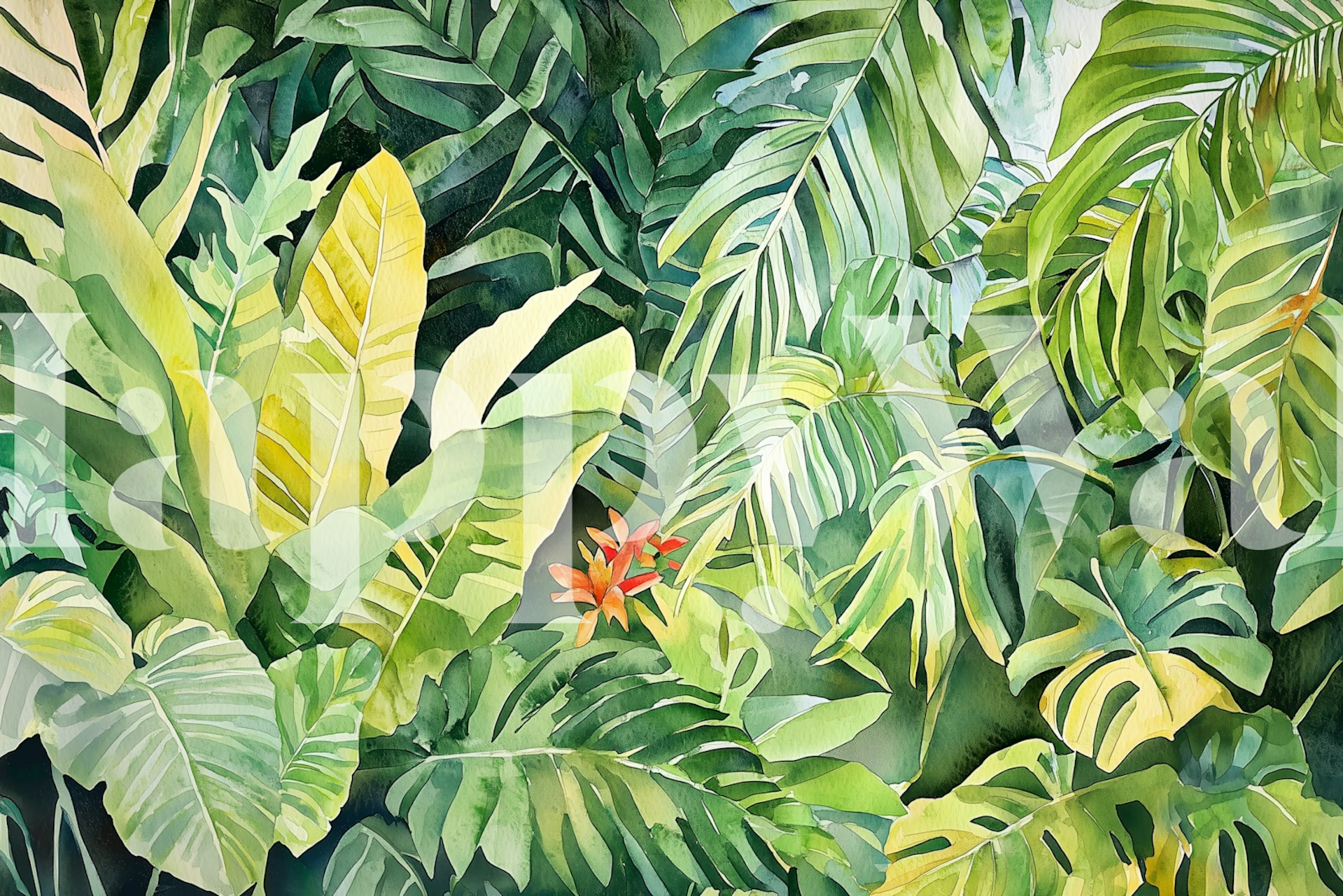 Tapet cu frunze de junglă smarald într-o cameră