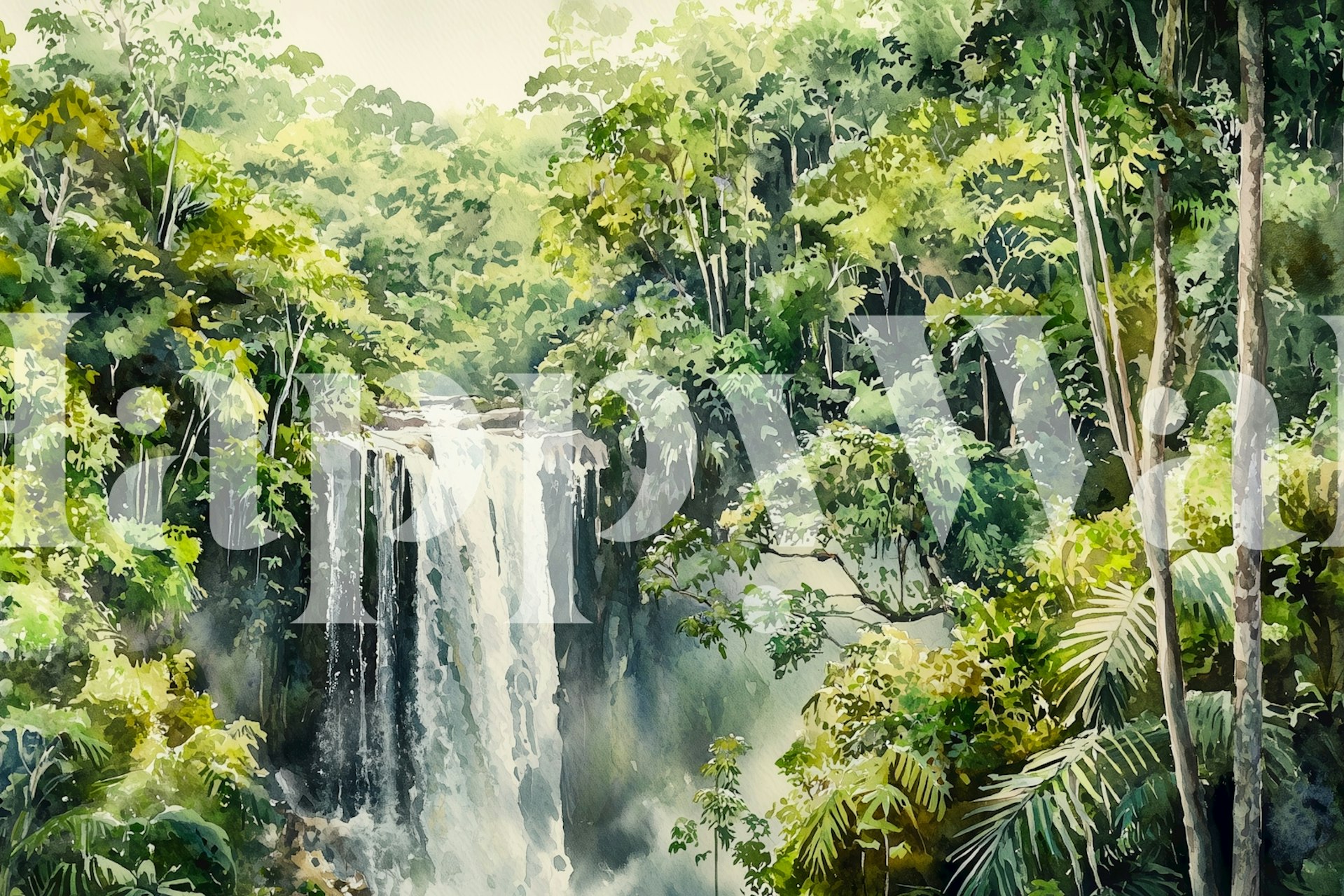 Rainforest waterfall wallpaper in a room
