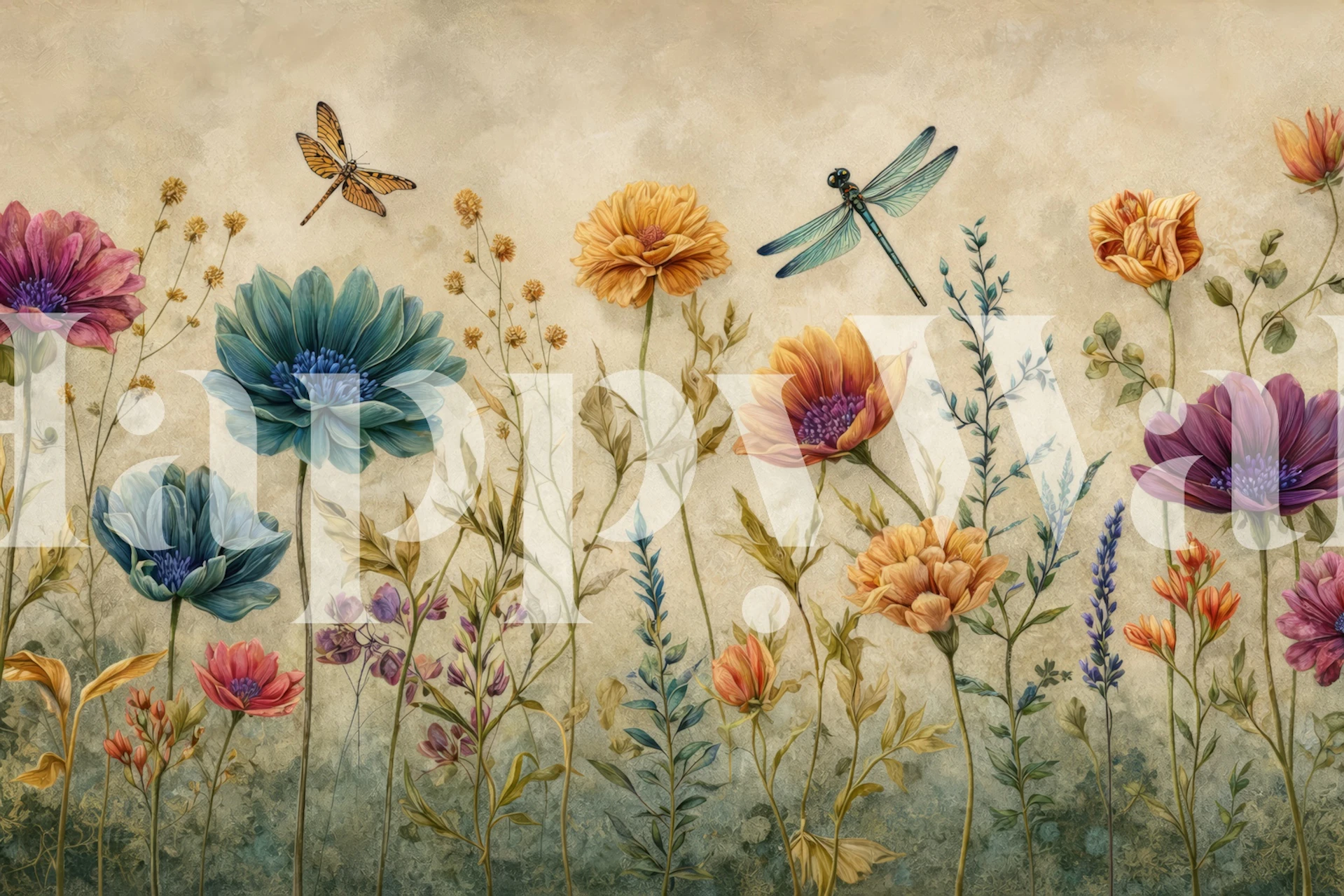 Wildflower meadow wallpaper with dragonflies