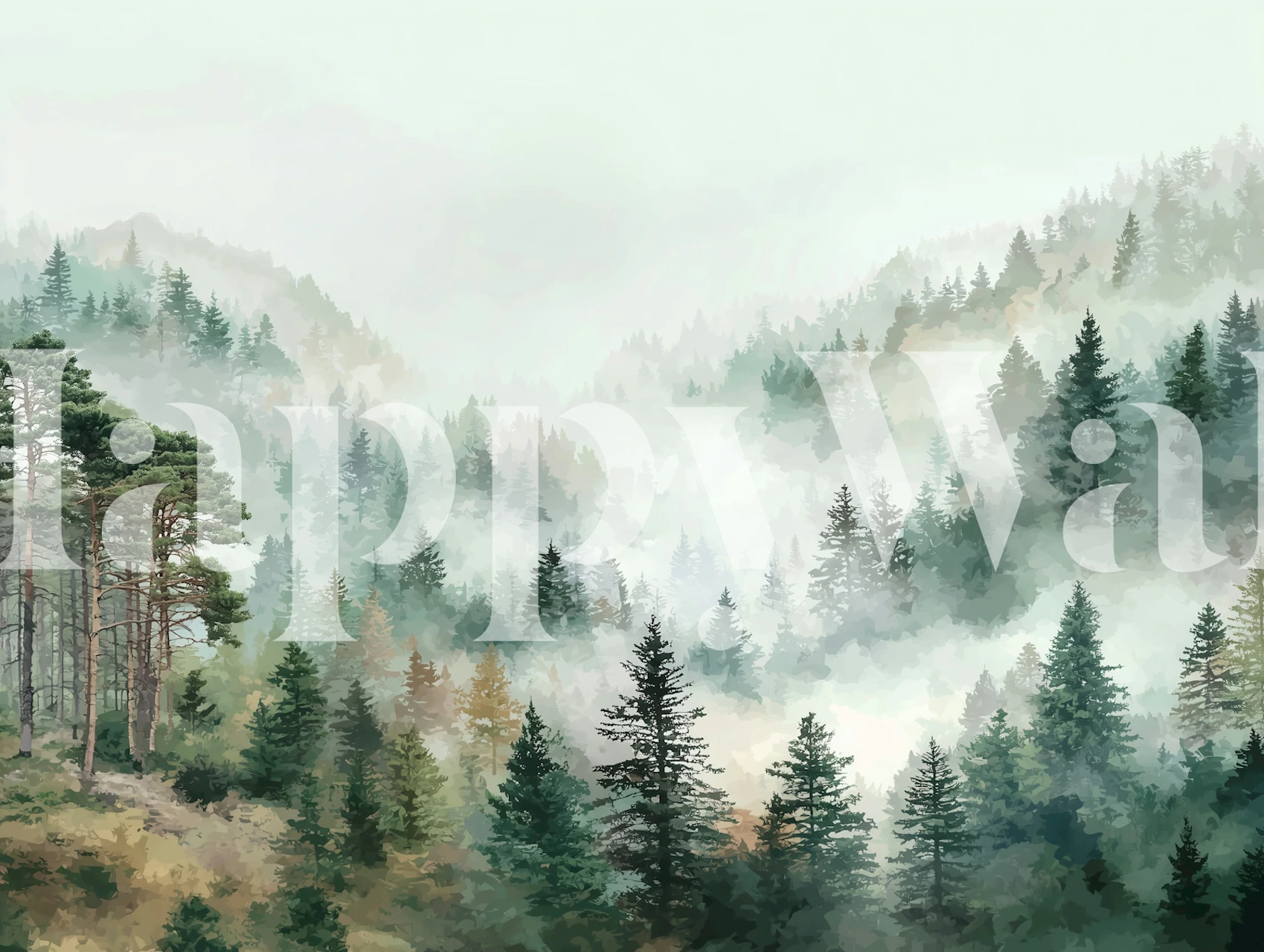 Dreamy foggy mountain forest wallpaper in a room