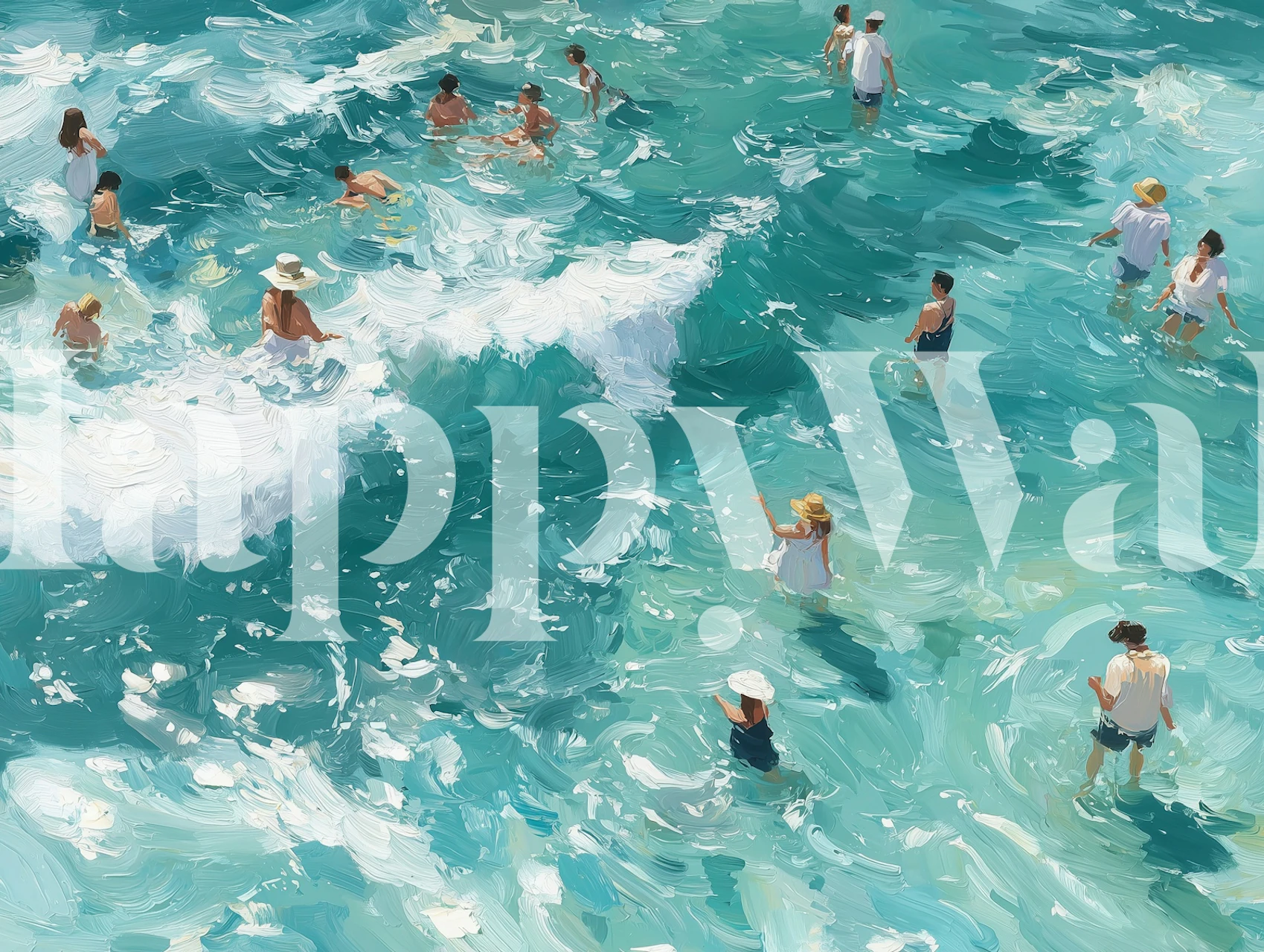 Sunlit swimmers in a turquoise sea wallpaper