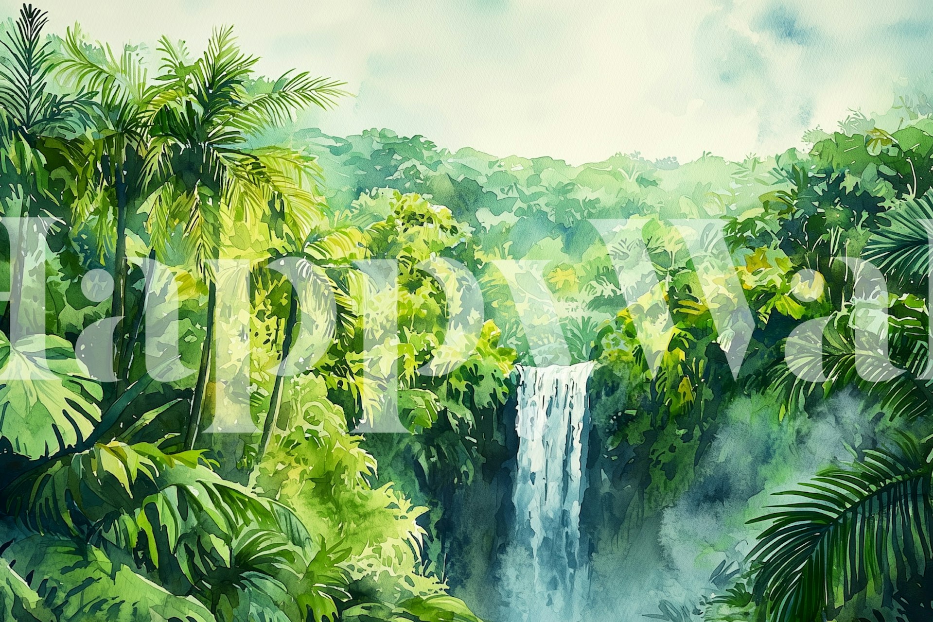 Tropical forest waterfall wallpaper in a room
