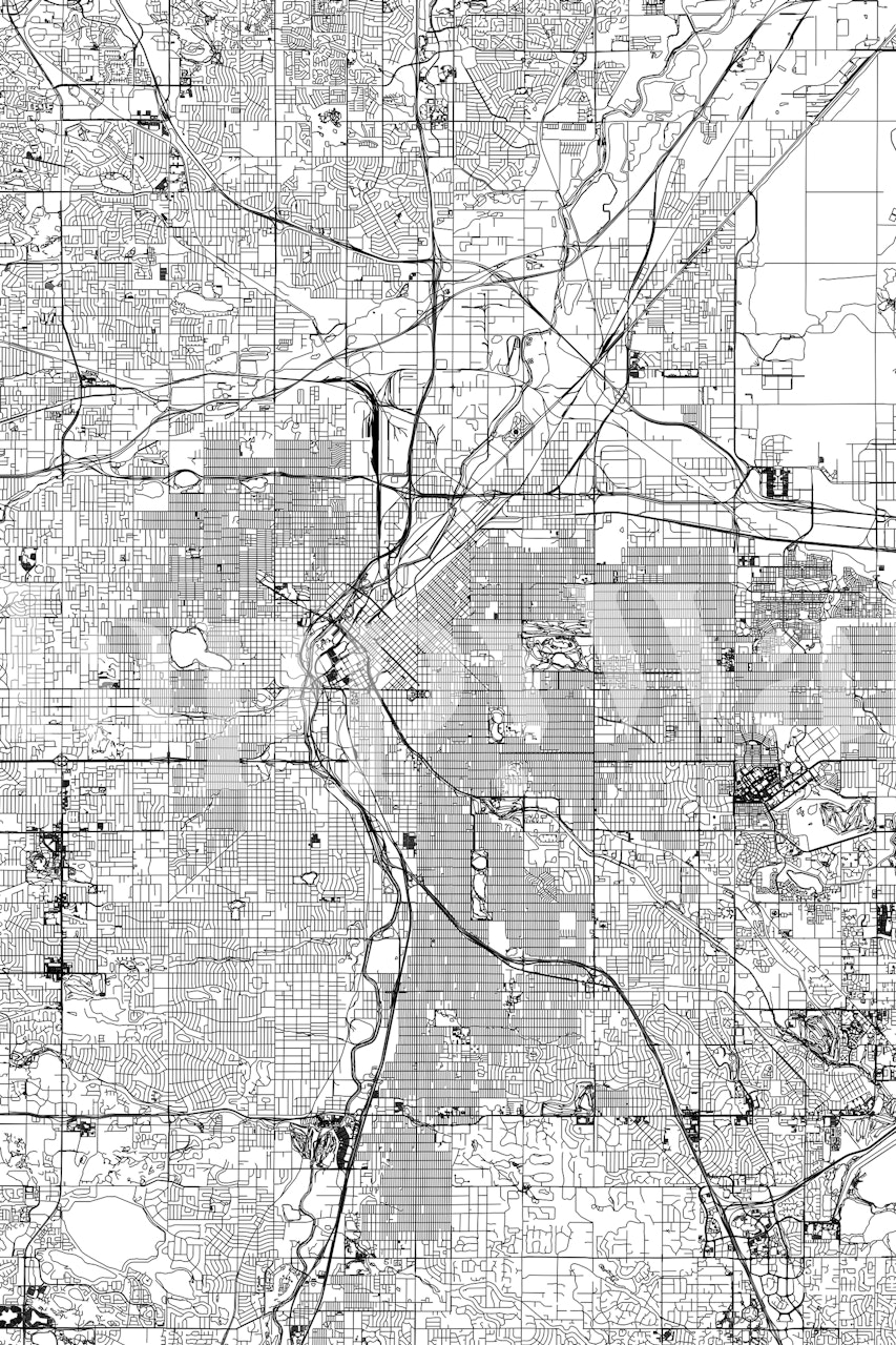 Sort og hvidt detaljeret kort over Denver som et vægmaleri til indretning