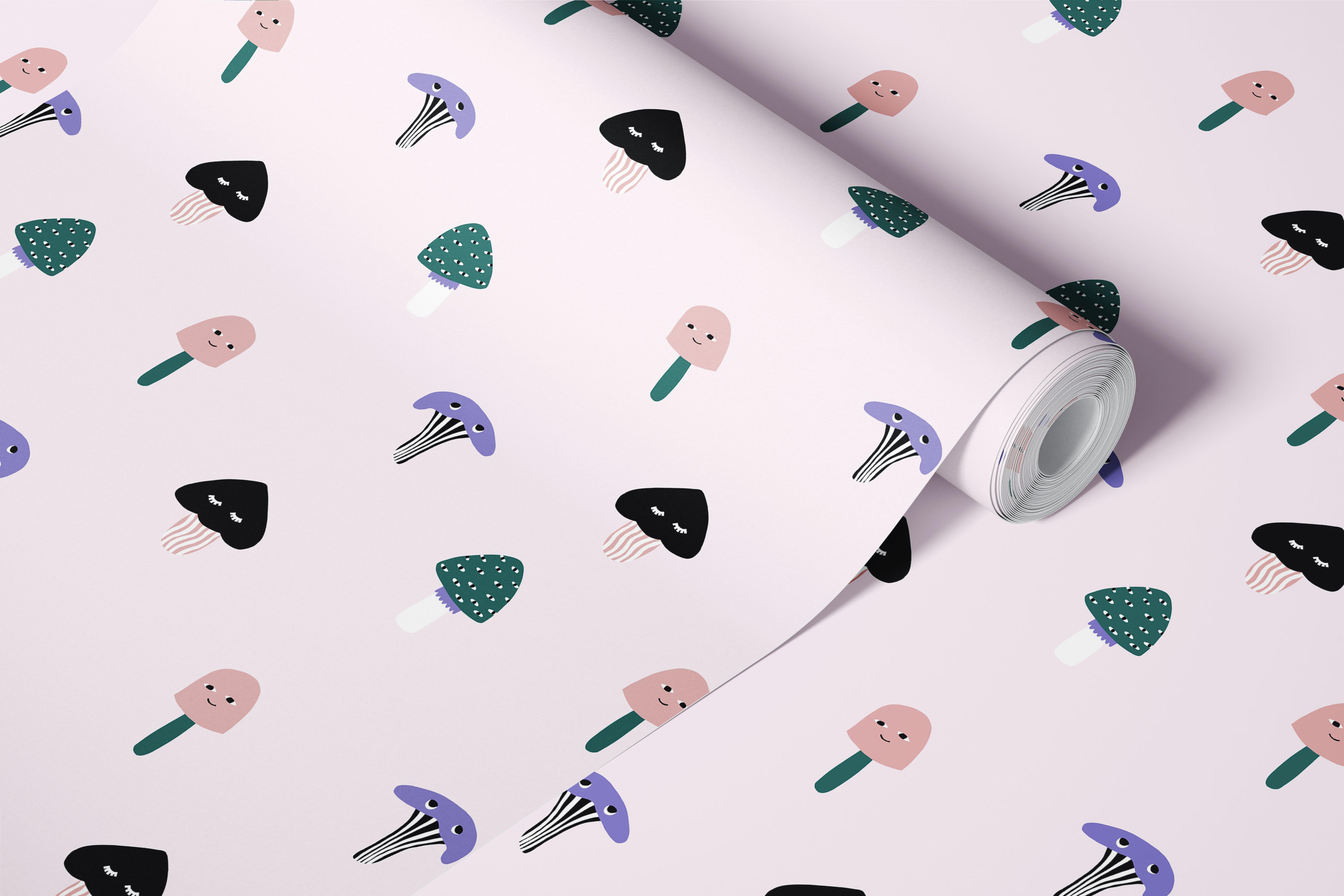 Playful mushroom garden wallpaper in a room