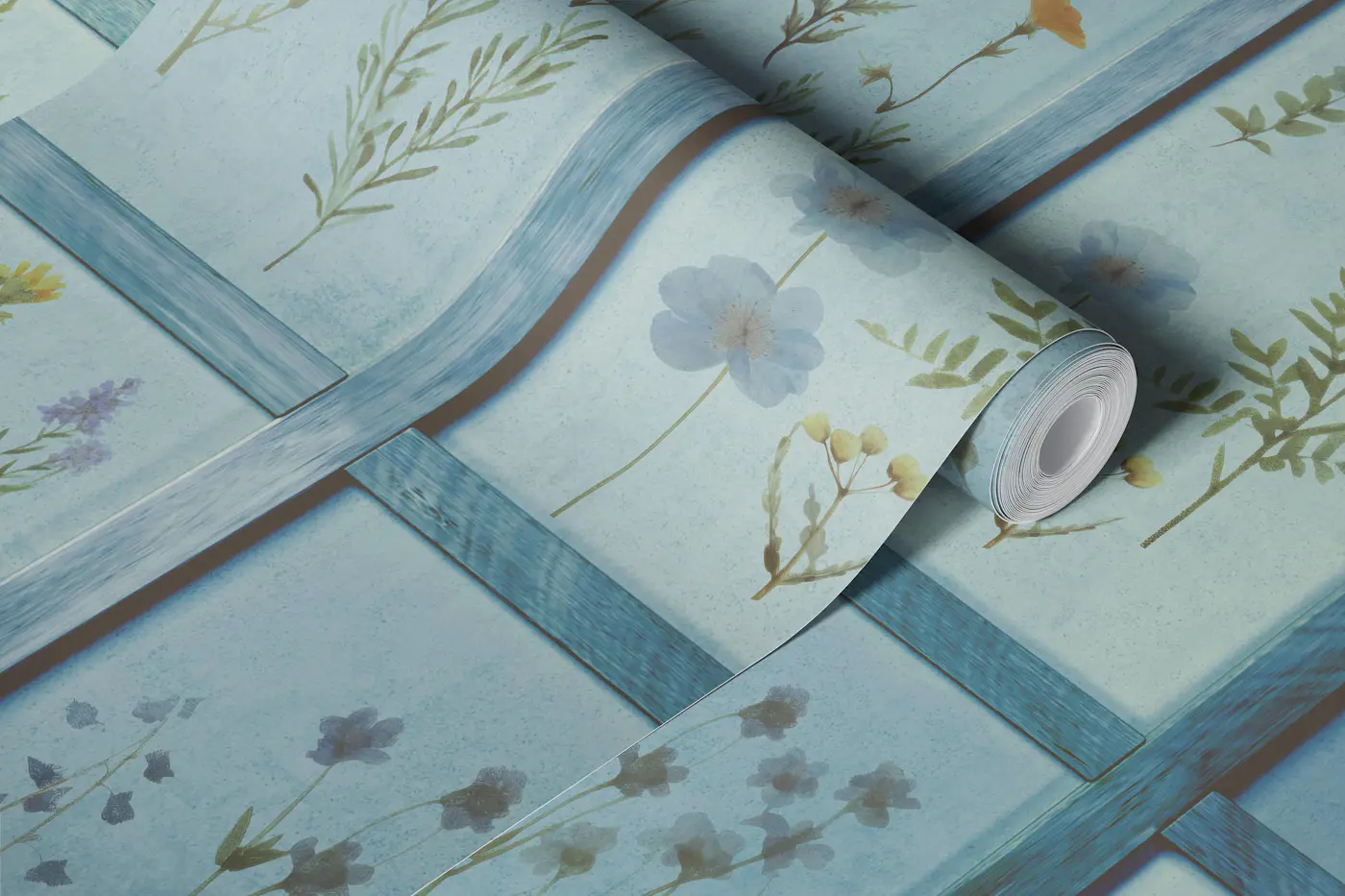 Pressed Flowers Vintage Panels Blue wallpaper roll