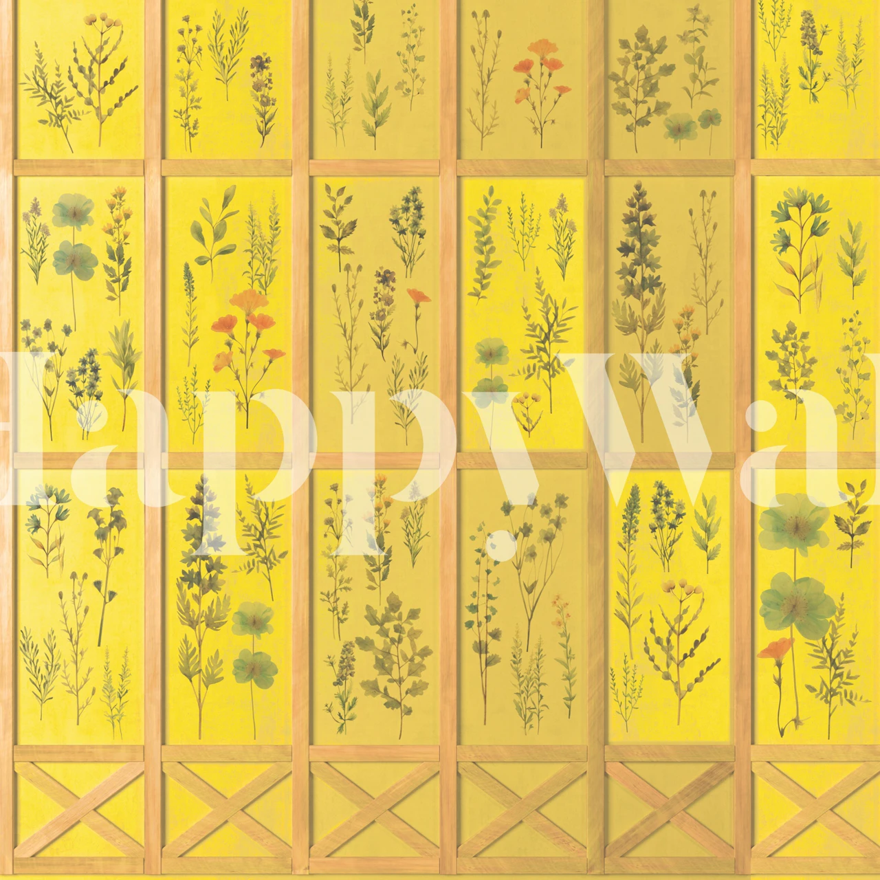 Pressed Flowers Vintage Panels Yellow wallpaper