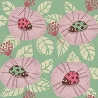 Retro Ladybugs on Purple Blooms wallpaper