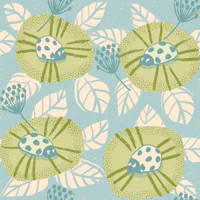 Retro Ladybugs on Green Blooms wallpaper