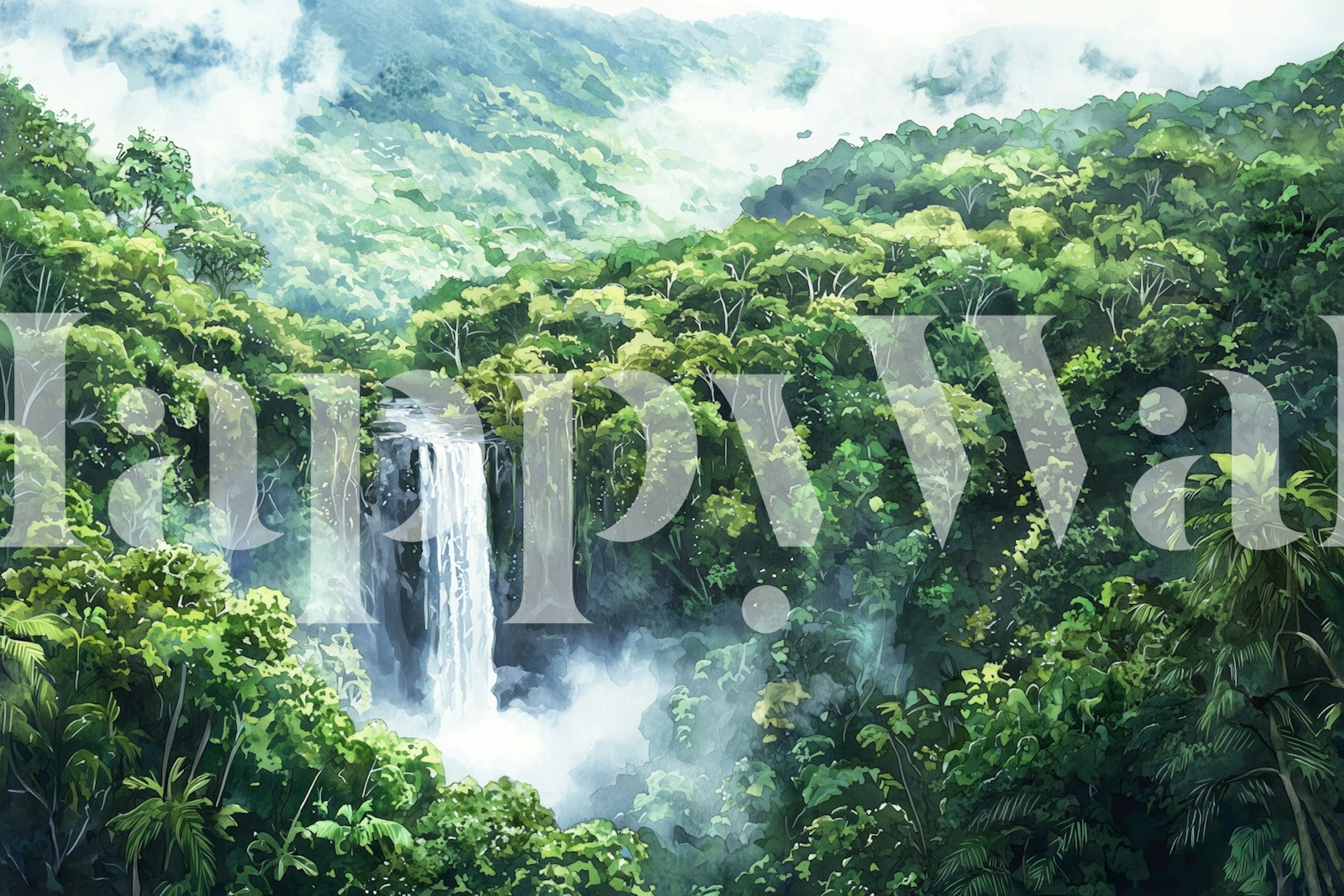Misty rainforest waterfall wallpaper in a room