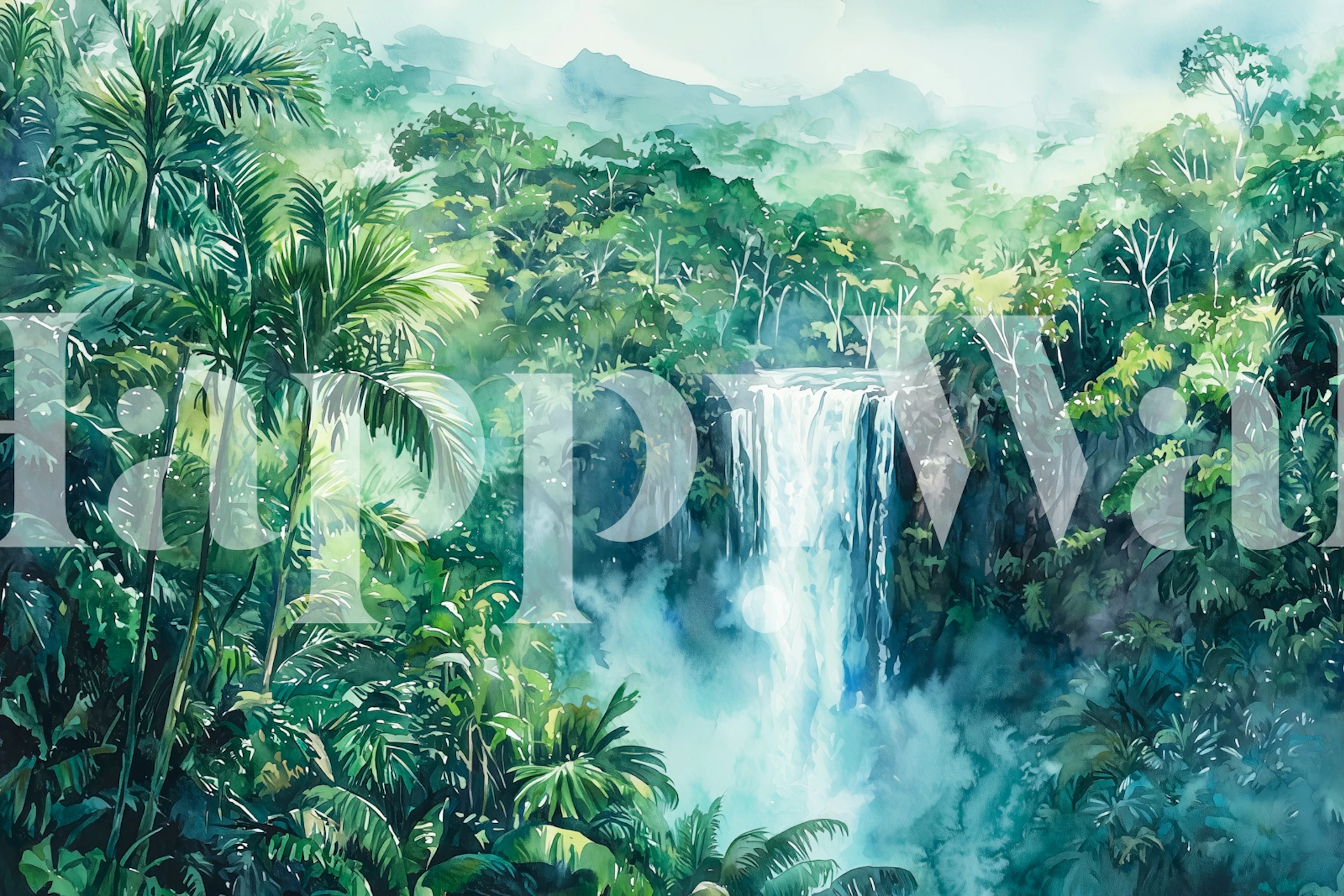 Misty Jungle Waterfall tapéta egy szobában