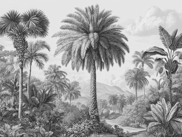 Tropical Botanical Engraving Scene Black