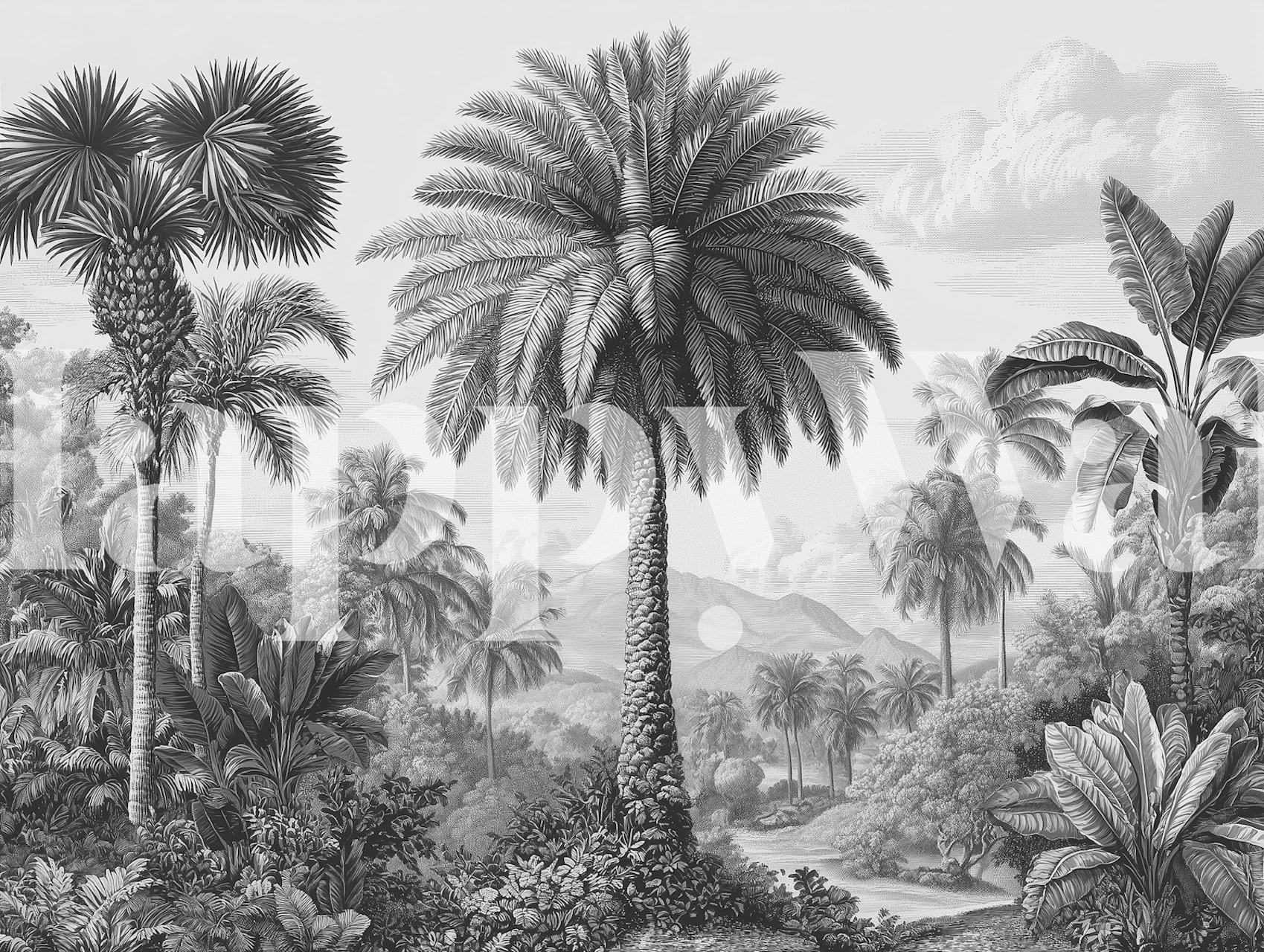 Tropical botanical engraving scene wallpaper