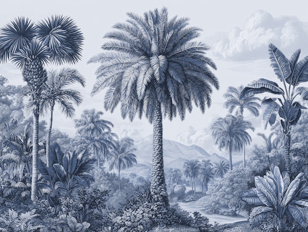 Tropical Botanical Engraving Scene Blue