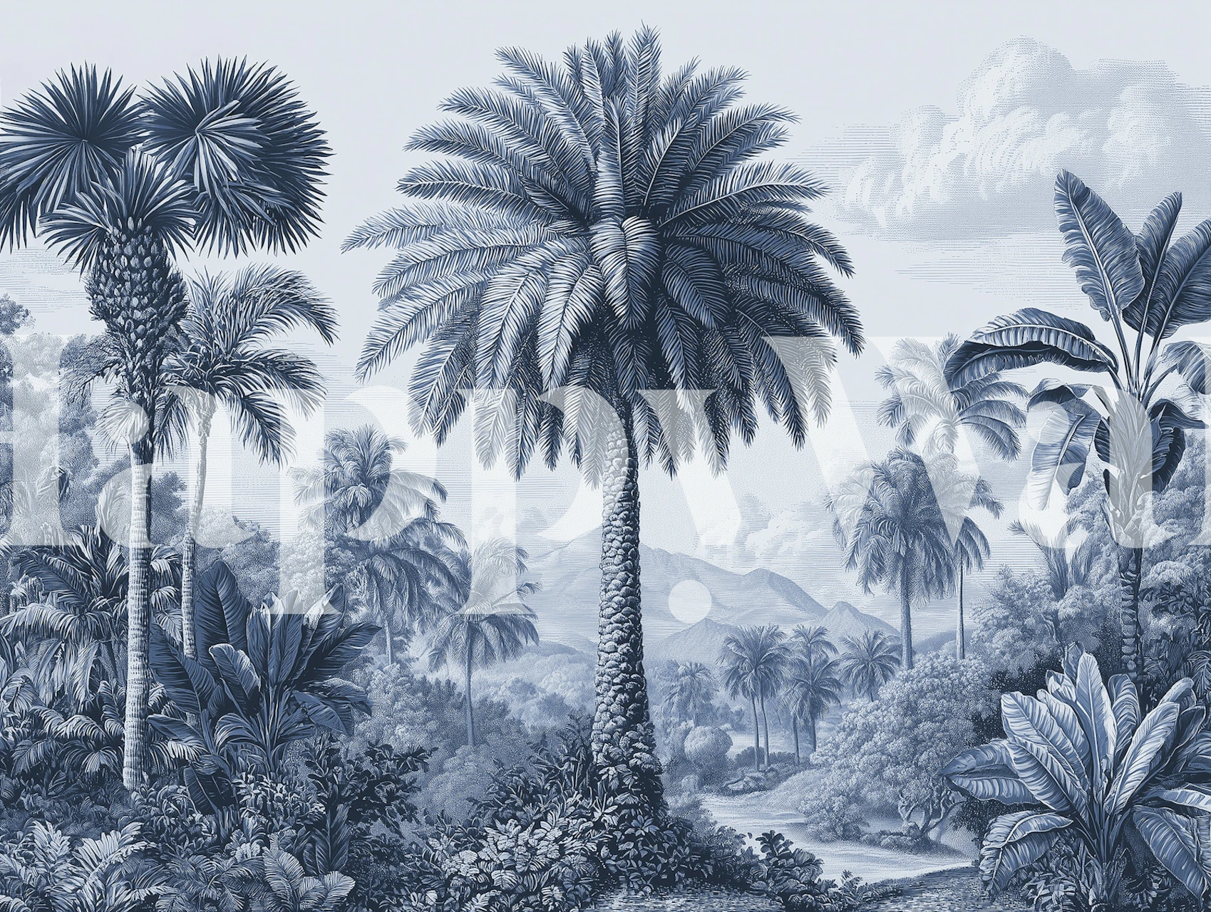 Tropical botanical engraving scene blue wallpaper
