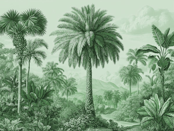Tropical Botanical Engraving Scene Green