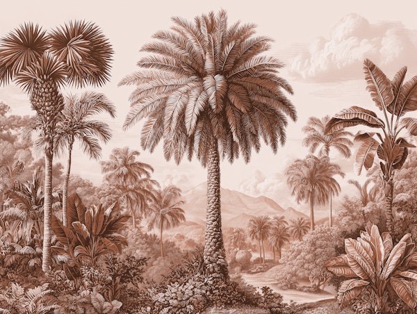 Tropical Botanical Engraving Scene Brown