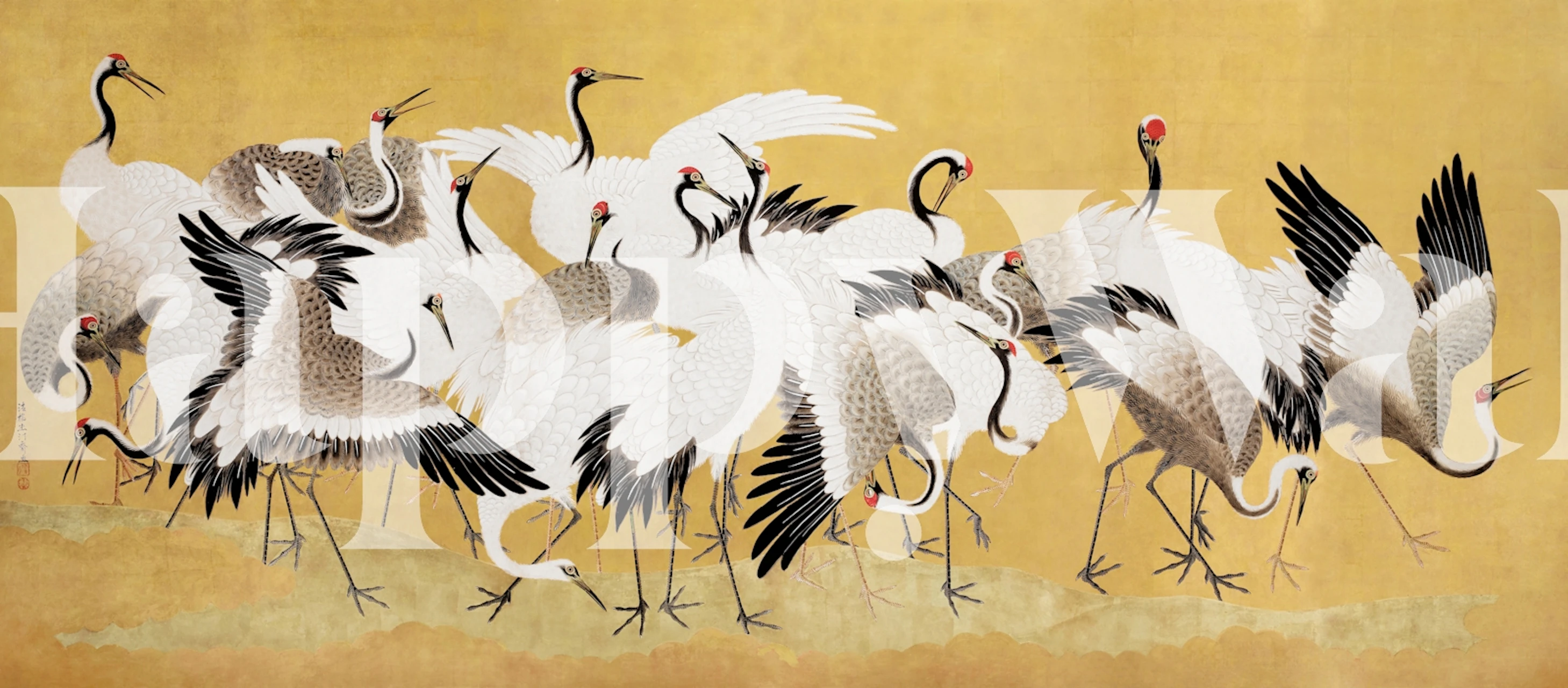 Stylized Japanese bird flock wallpaper in a room