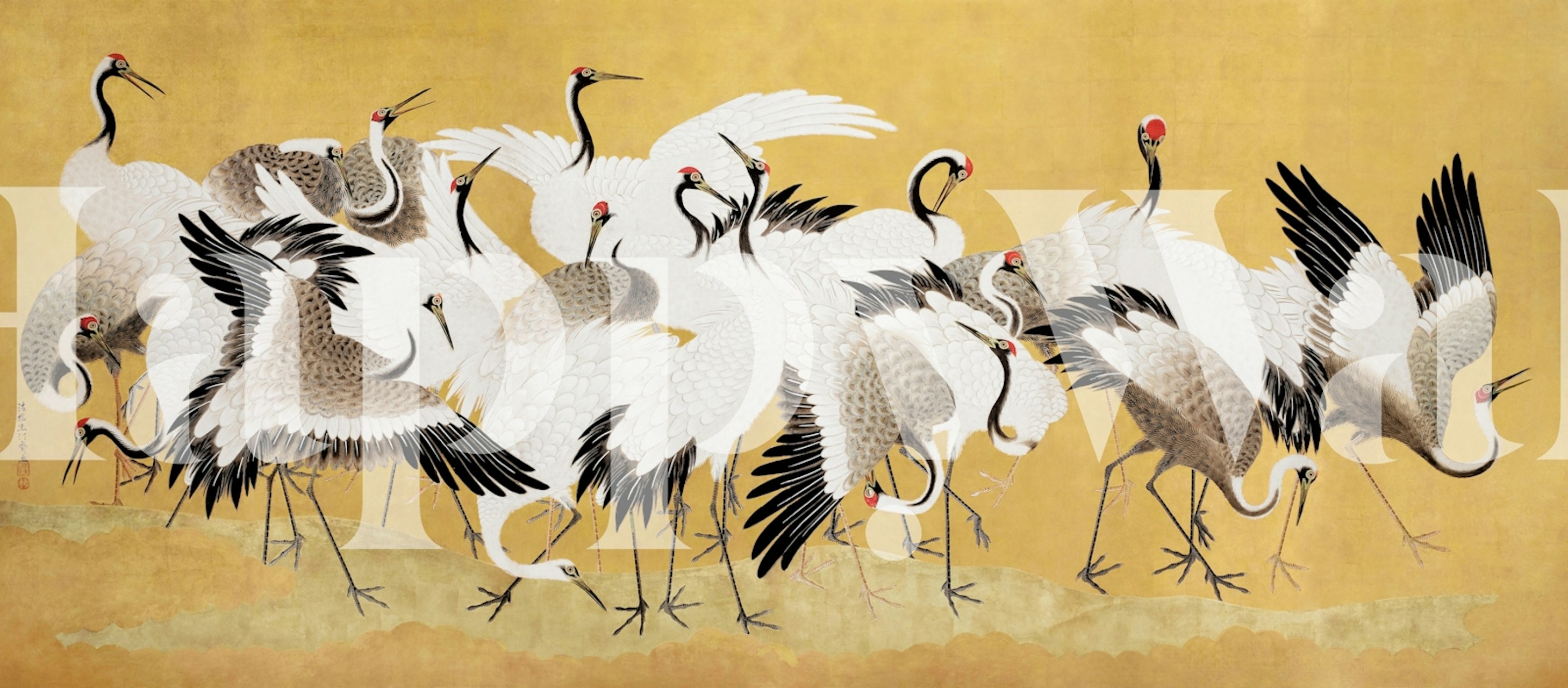 Stylized Japanese bird flock wallpaper in a room