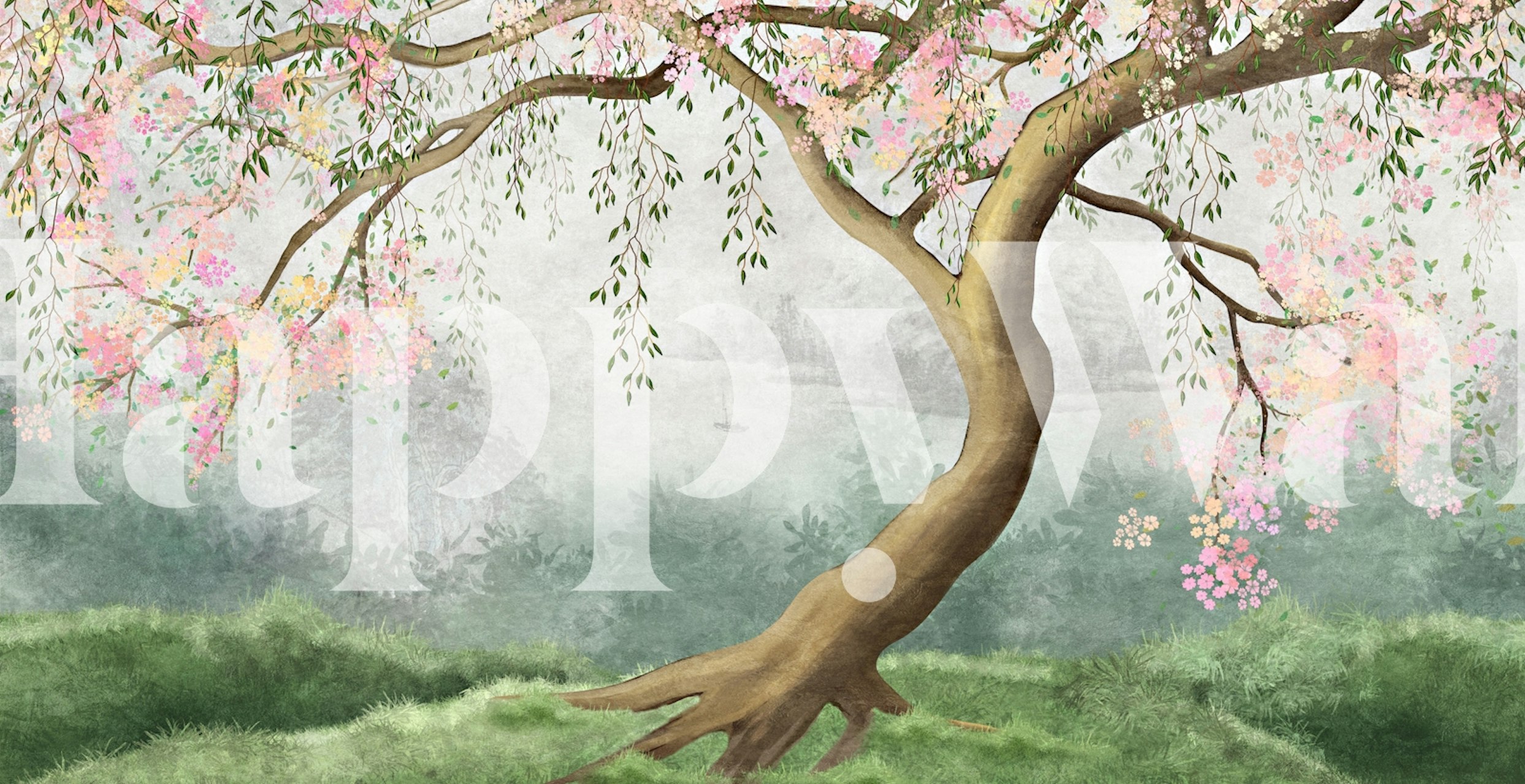 Elegant floral tree scene wallpaper in a room