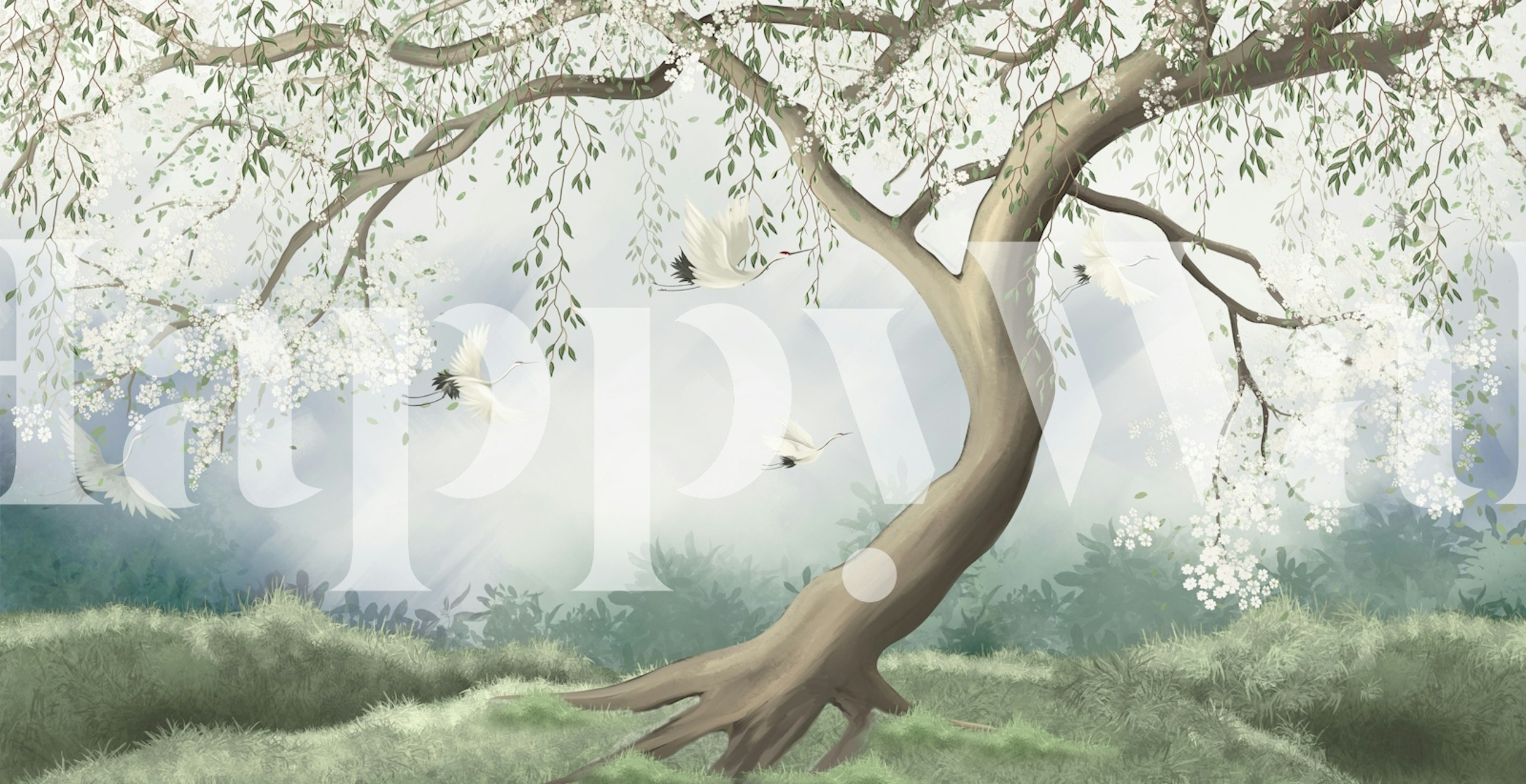 Wallpaper featuring tree and birds in a room