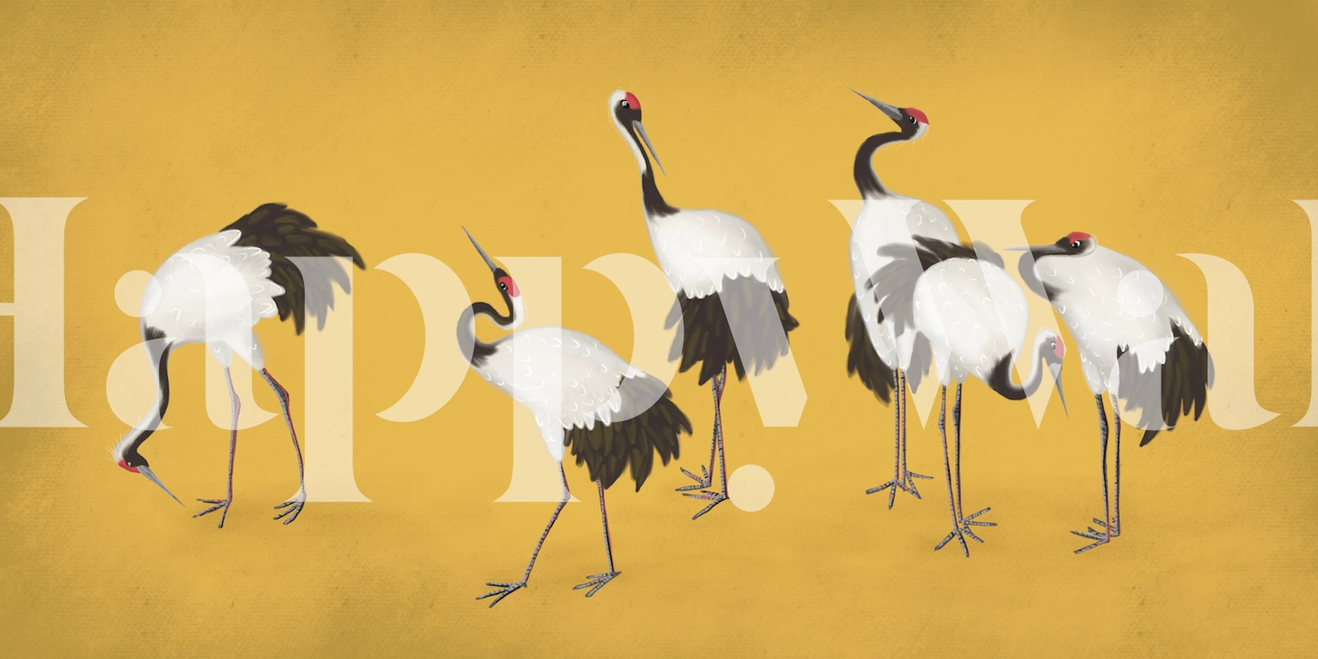 Gervės ant tapetų dizaino su auksiniu drobiniu