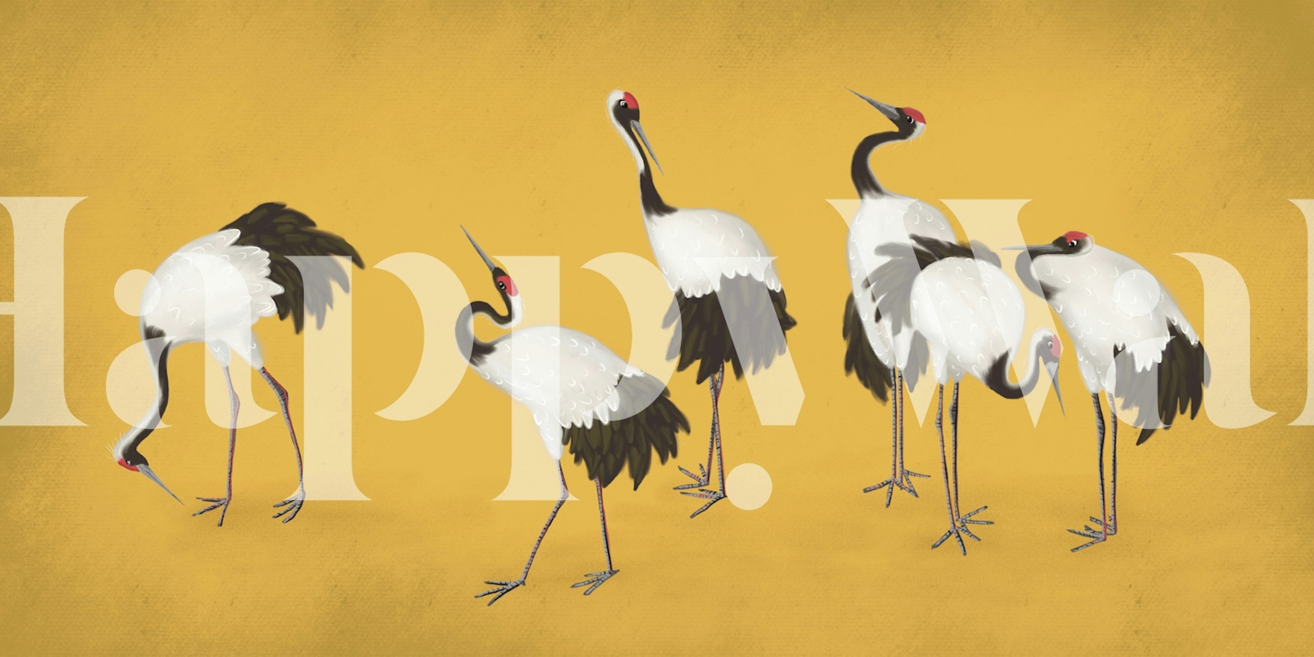 Cranes on a golden canvas wallpaper design