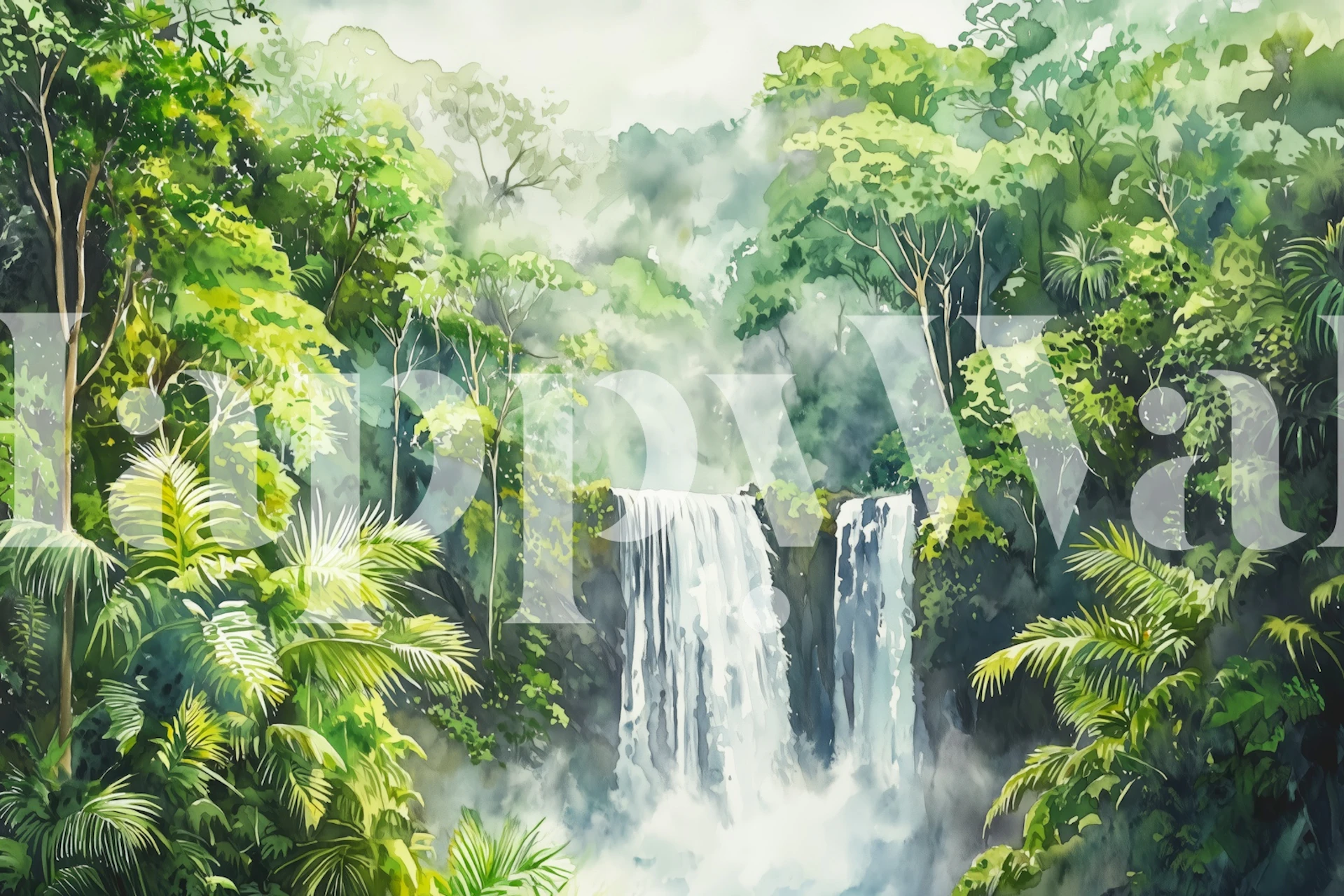 Misty jungle waterfall wallpaper design