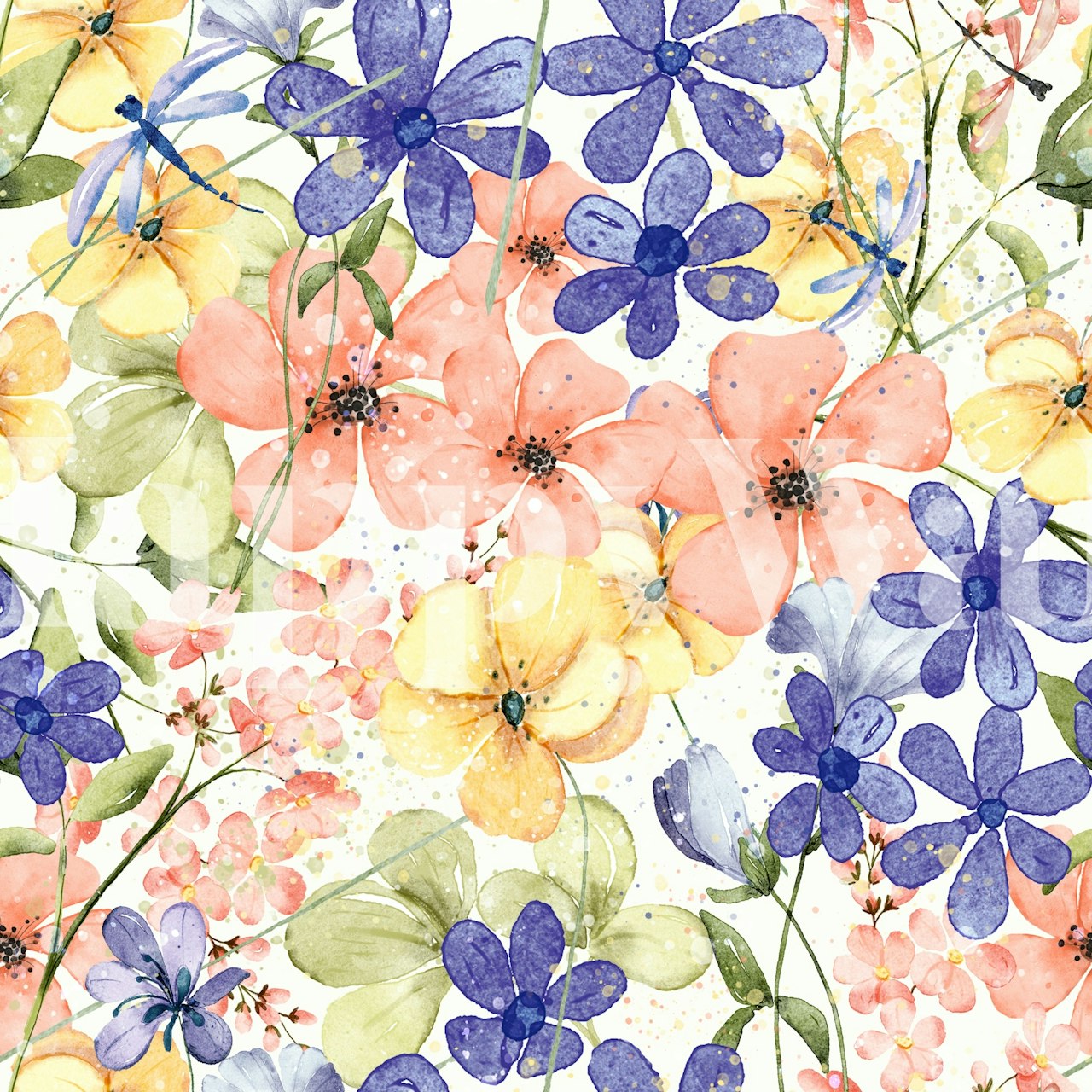 Blue Violet Floral Splash wallpaper displayed in a room